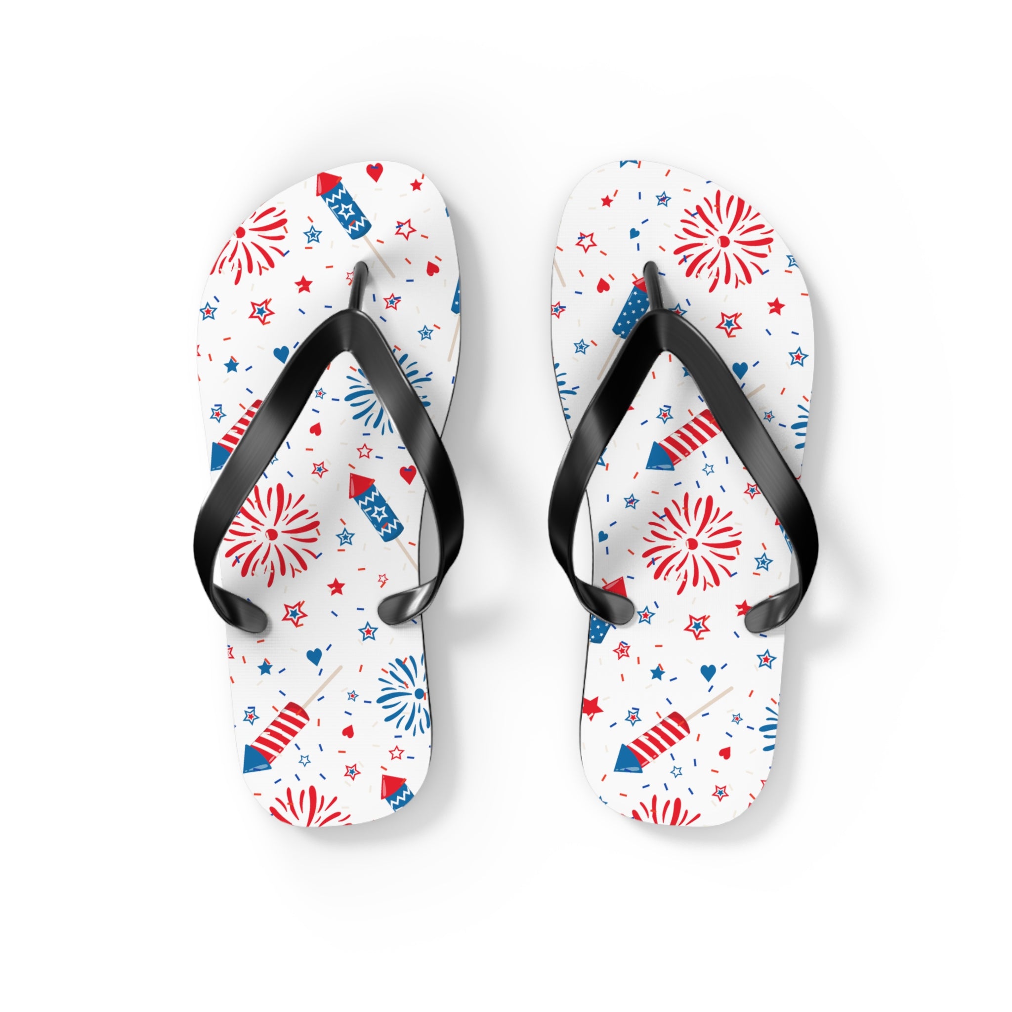 Patriotic Flip Flops Fireworks, Stars Hearts July 4th Sandals | Red White & Blue Summer Shoes