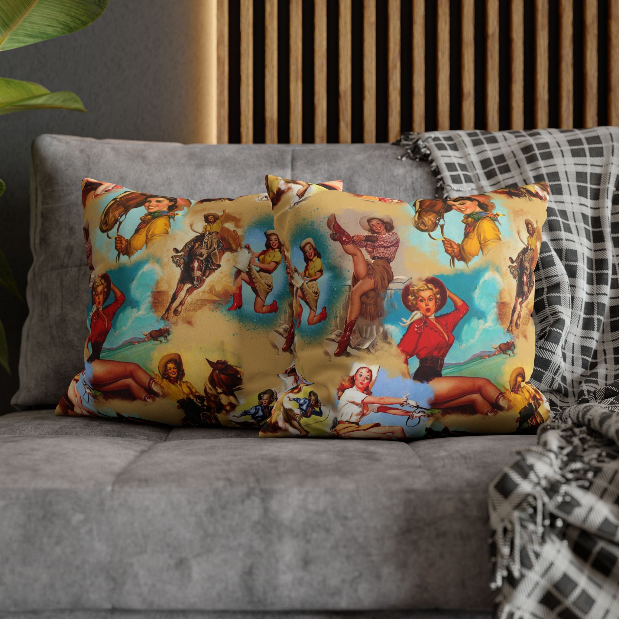Western VINTAGE Cowgirl Throw Pillow Cover, Retro Western Decor Accent