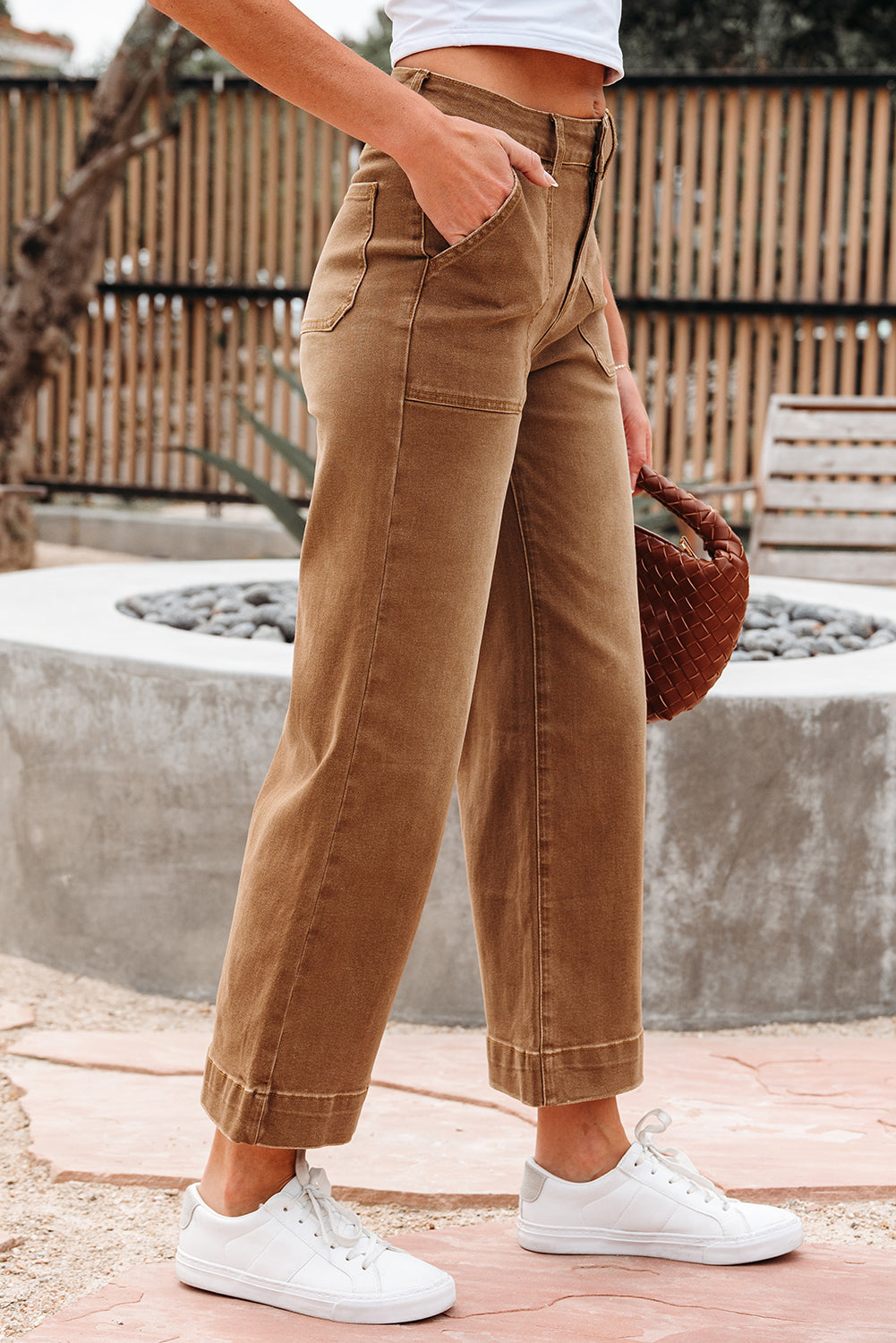 Brown Fall Cropped High Rise Wide Leg Jeans