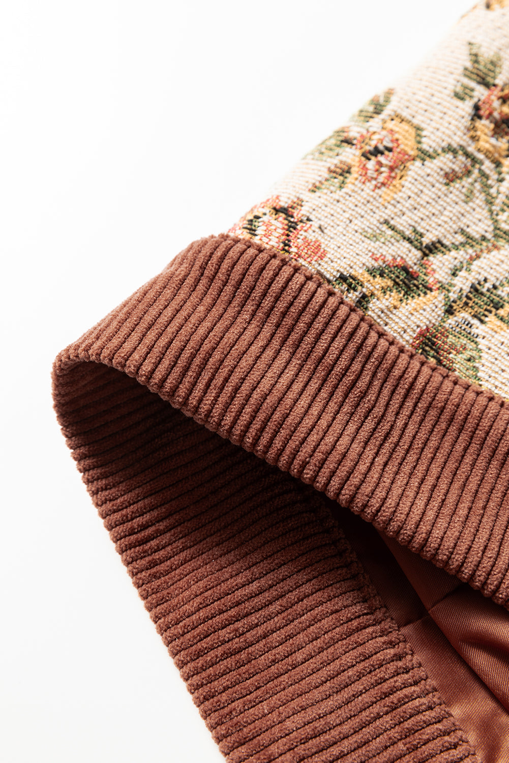 Women’s Fall Jacket – Brown Retro Floral Patchwork Western Shacket with Ribbed Texture