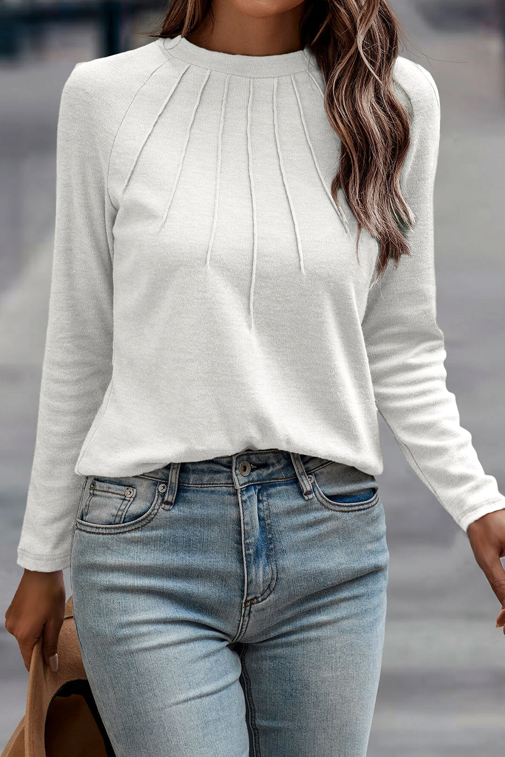 White Raglan Long Sleeve Top – Slim Fit Seam Detail Crewneck Shirt