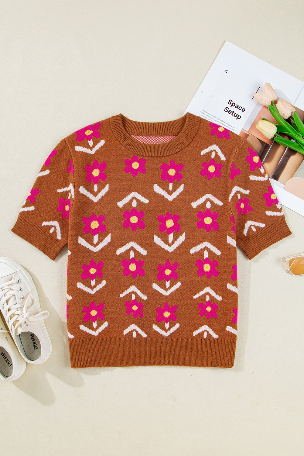 Women’s Fall Floral Sweater | Brown &amp; Pink Short Puff Sleeve Knit Top