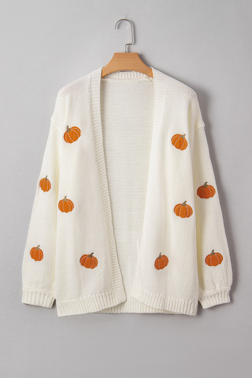 White Pumpkin Print Cardigan – Women’s Open Front Midi Sweater, Drop Shoulder Knit Fall Outfit Layering Piece