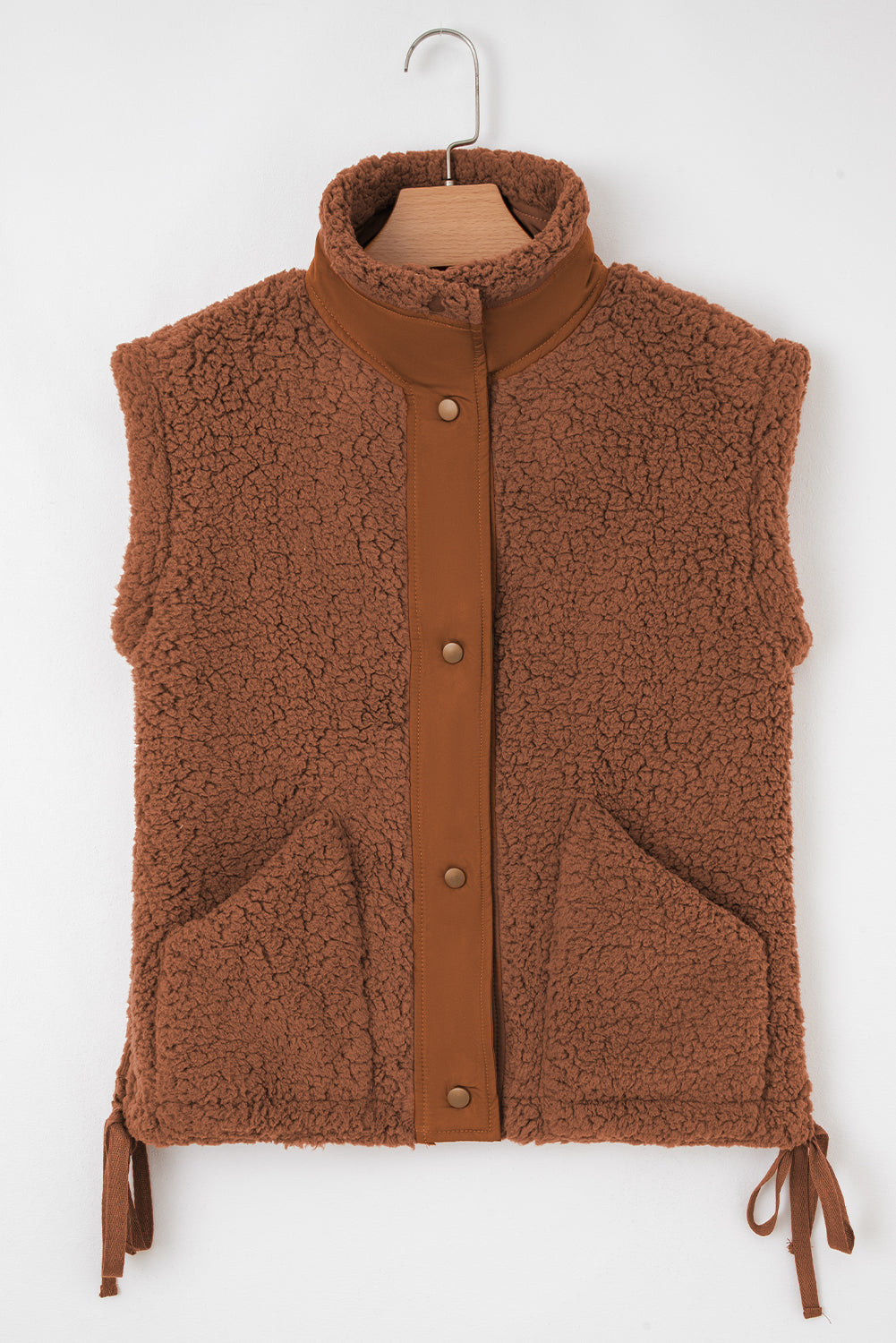 Cinnamon Faux Fur Vest – Snap Button Front Knot Side Plush Vest with Pockets, Cozy Layering Women’s Fall & Winter Fashion Outerwear