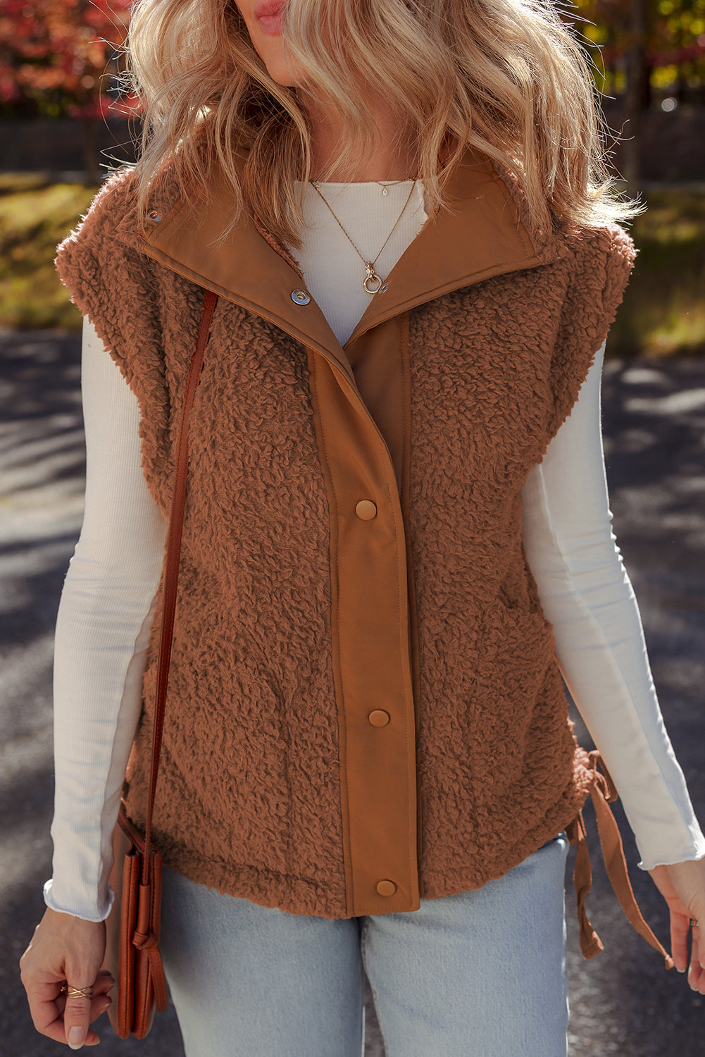 Cinnamon Faux Fur Vest – Snap Button Front Knot Side Plush Vest with Pockets, Cozy Layering Women’s Fall & Winter Fashion Outerwear