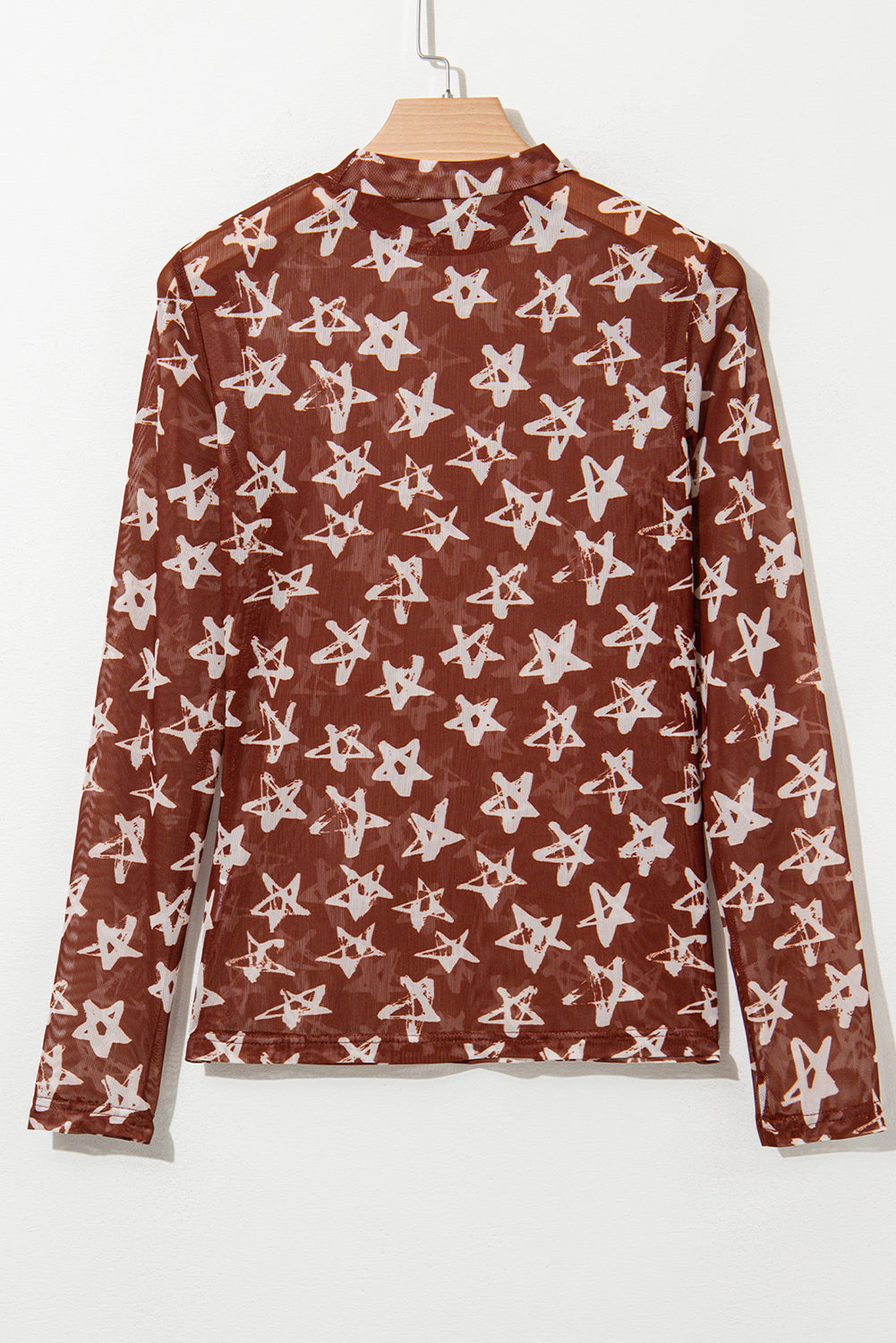 Red Mesh Star Print Mock Neck Top – Sheer Long Sleeve Slim Fit Party Shirt