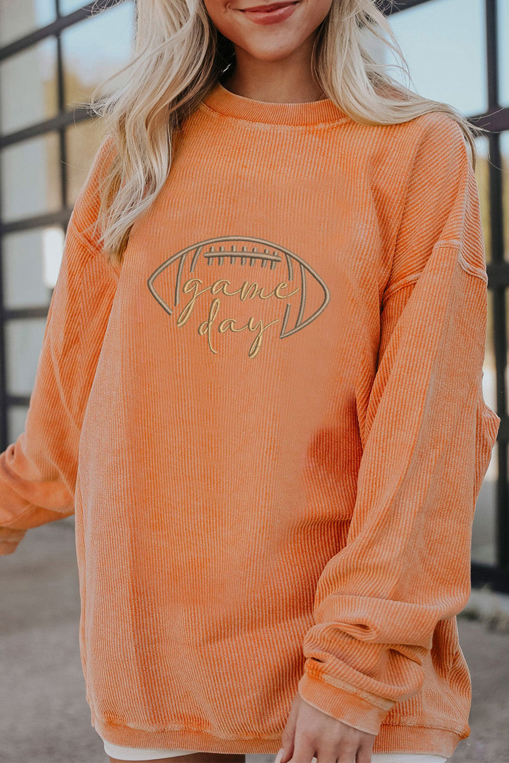 Orange Game Day Corduroy Sweatshirt – Embroidered Football Pullover, Oversized Fall & Winter Gameday Outfit Women’s Cozy Ribbed Top