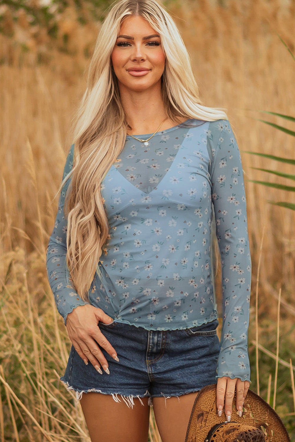 Sky Blue Floral Mesh Top, Vintage Sheer Long Sleeve Blouse, Womens Slim Fit Southern Style Top, Sexy Sheer Lettuce Trim Shirt