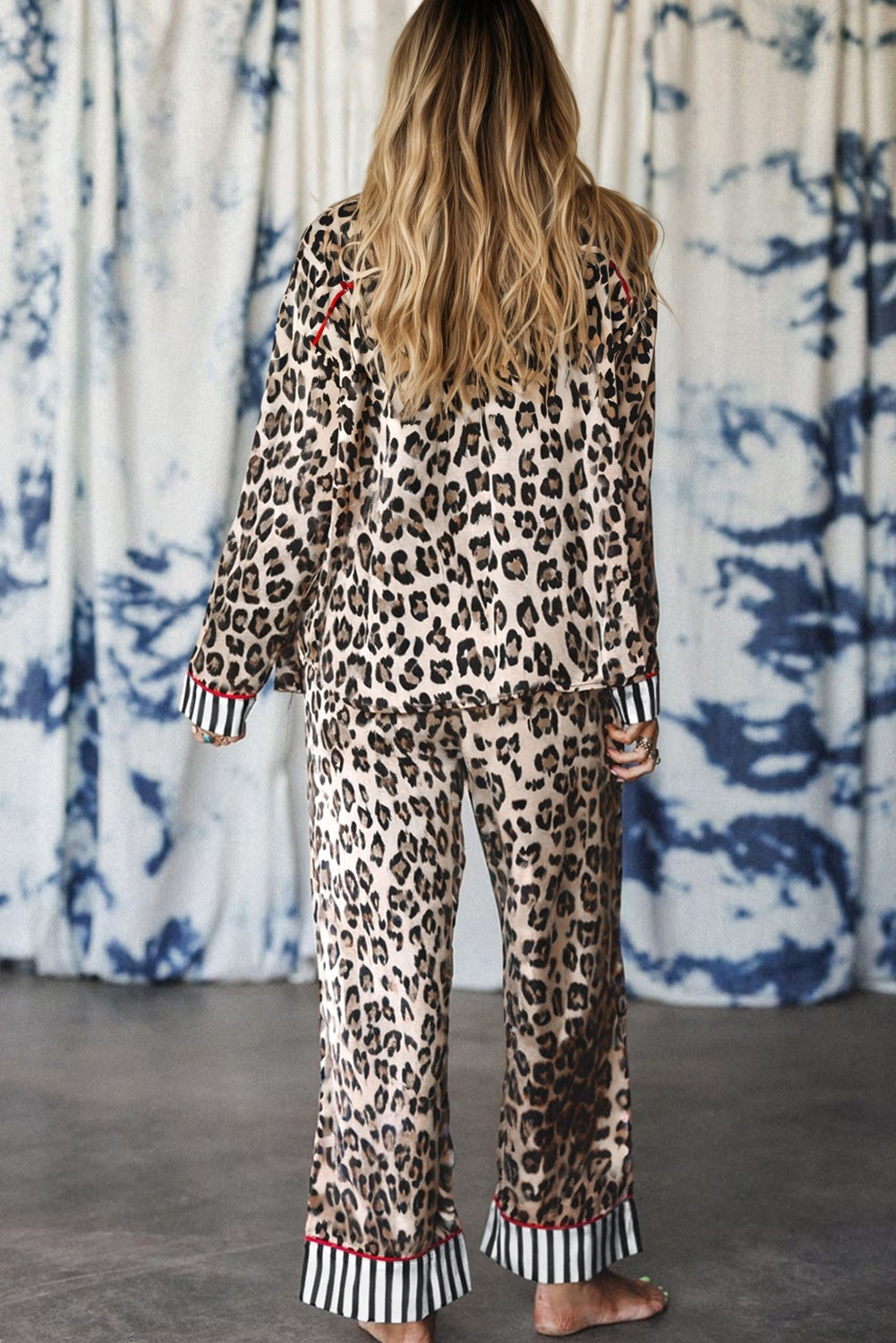 Womens Leopard Print Pajama Set – Colorblock Striped Shirt &amp; Pants, Cozy Lounge Sleepwear