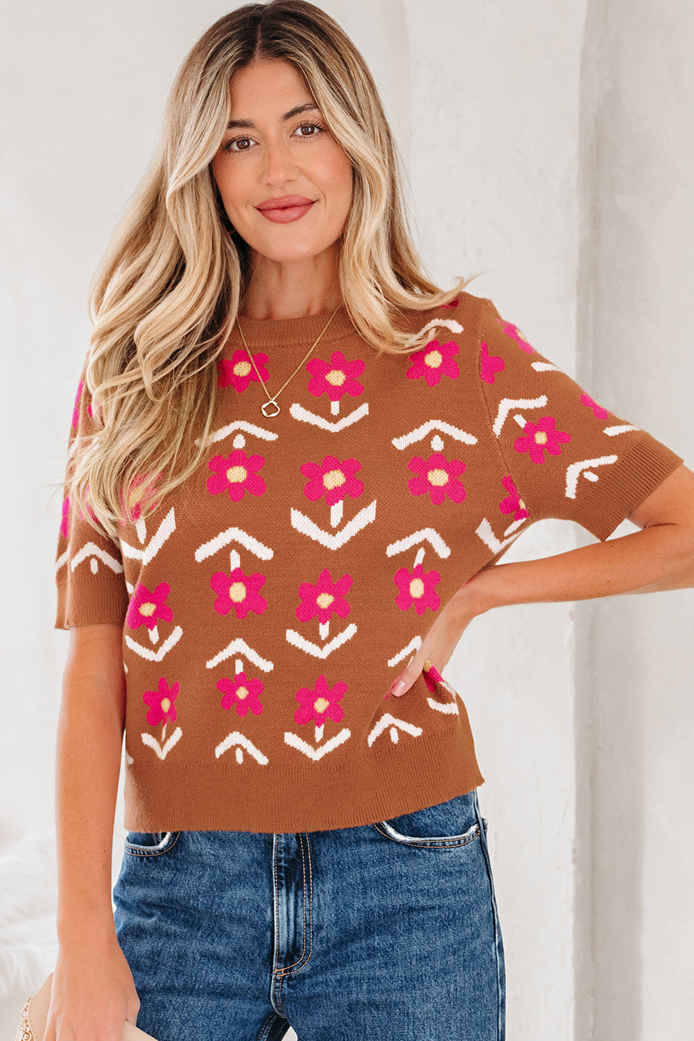 Women’s Fall Floral Sweater | Brown &amp; Pink Short Puff Sleeve Knit Top