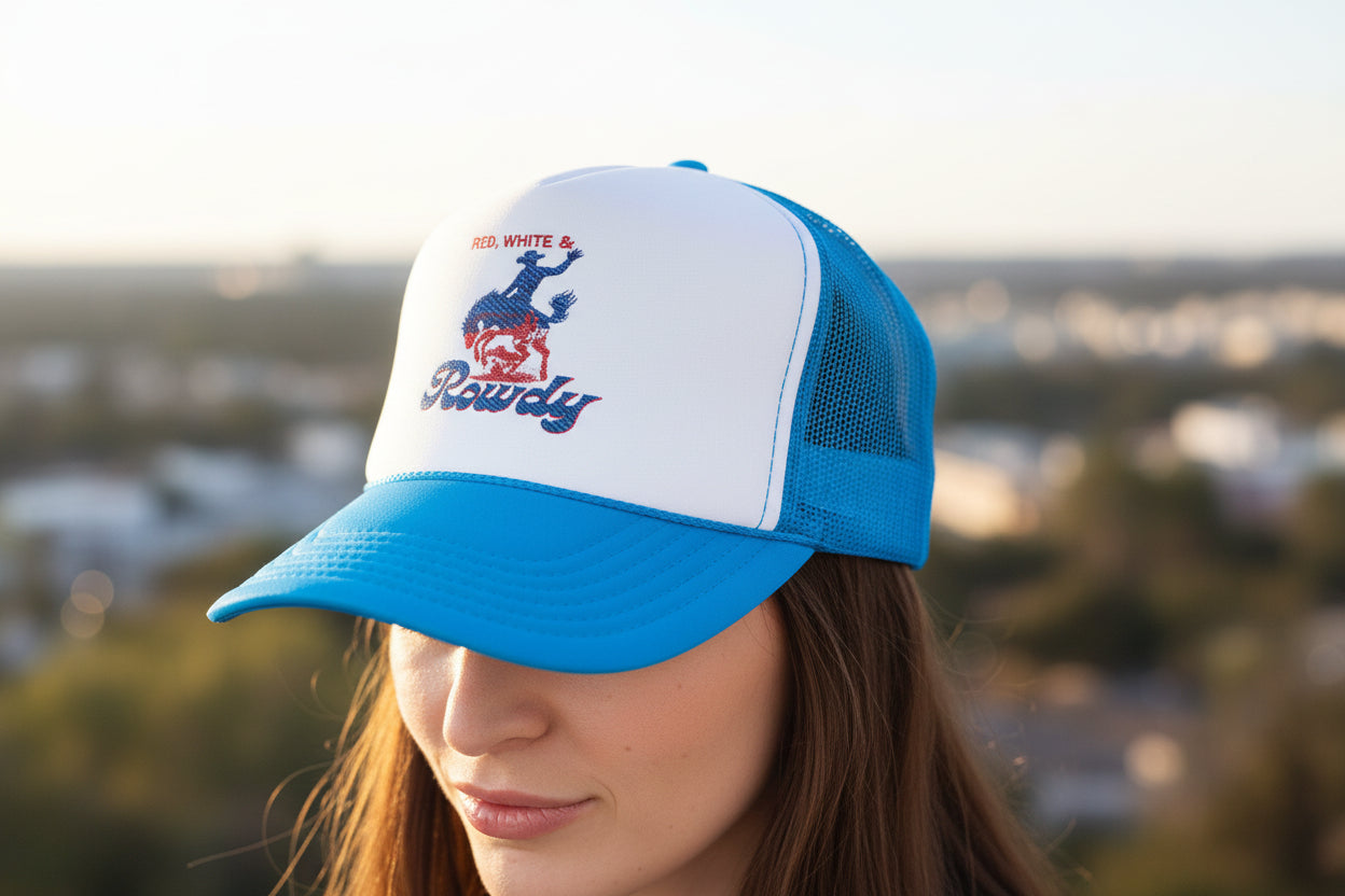 Embroidered Cowboy Trucker Hat: Red White & Rowdy Rodeo Cap -Razels