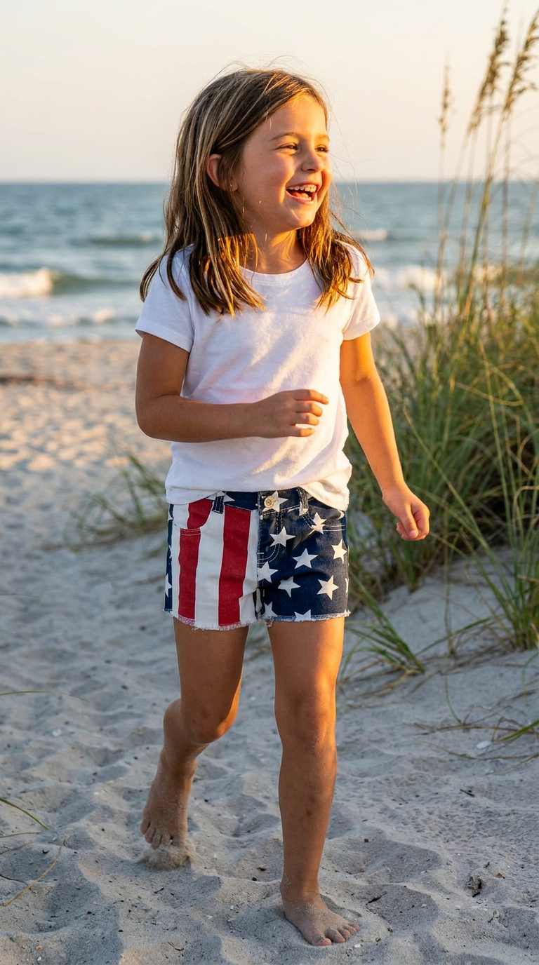 girl wearing 4th of july shorts for girls with stripes and stars in red white and blue