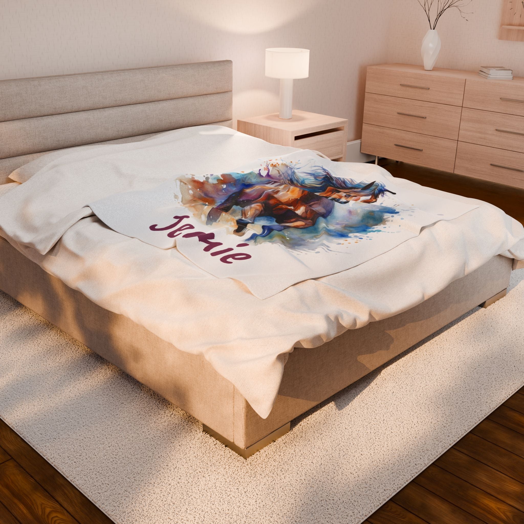 Personalized Horse Girl Blanket, Watercolor Horse Name Blanket | Personalized Plush Throw for Horse Girls, Cowgirl Bed Decor
