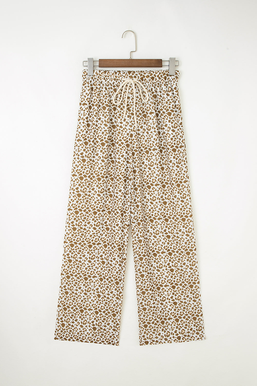 Khaki Leopard Print Pants, Womens Drawstring Loose Fit Pants, Elastic Waist Straight Leg Leopard Pants,