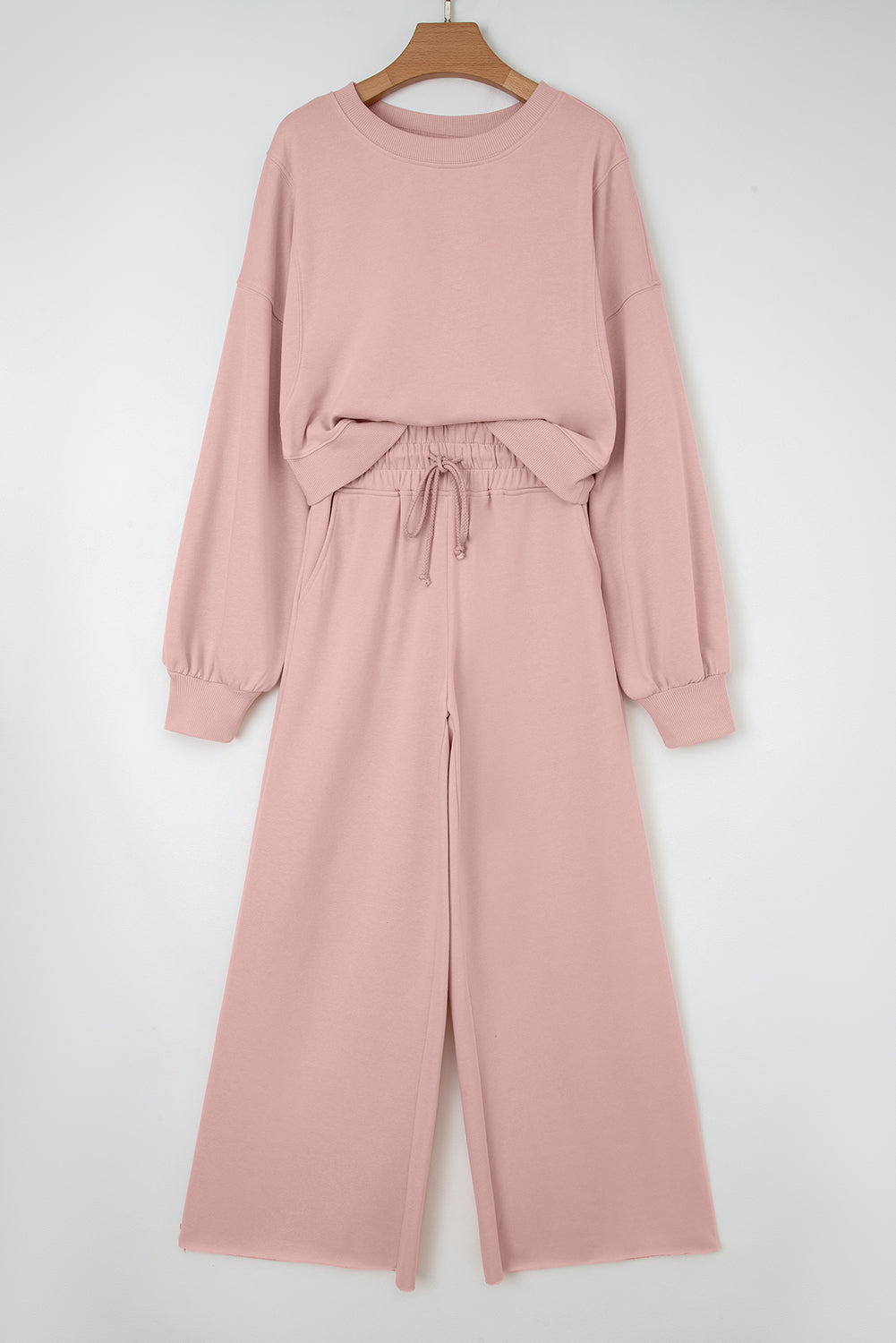 Light Pink Puff Sleeve Crop Top & Pants Set – 2 Piece Women’s Outfit, Drop Shoulder Pullover with Wide Leg Drawstring Pants