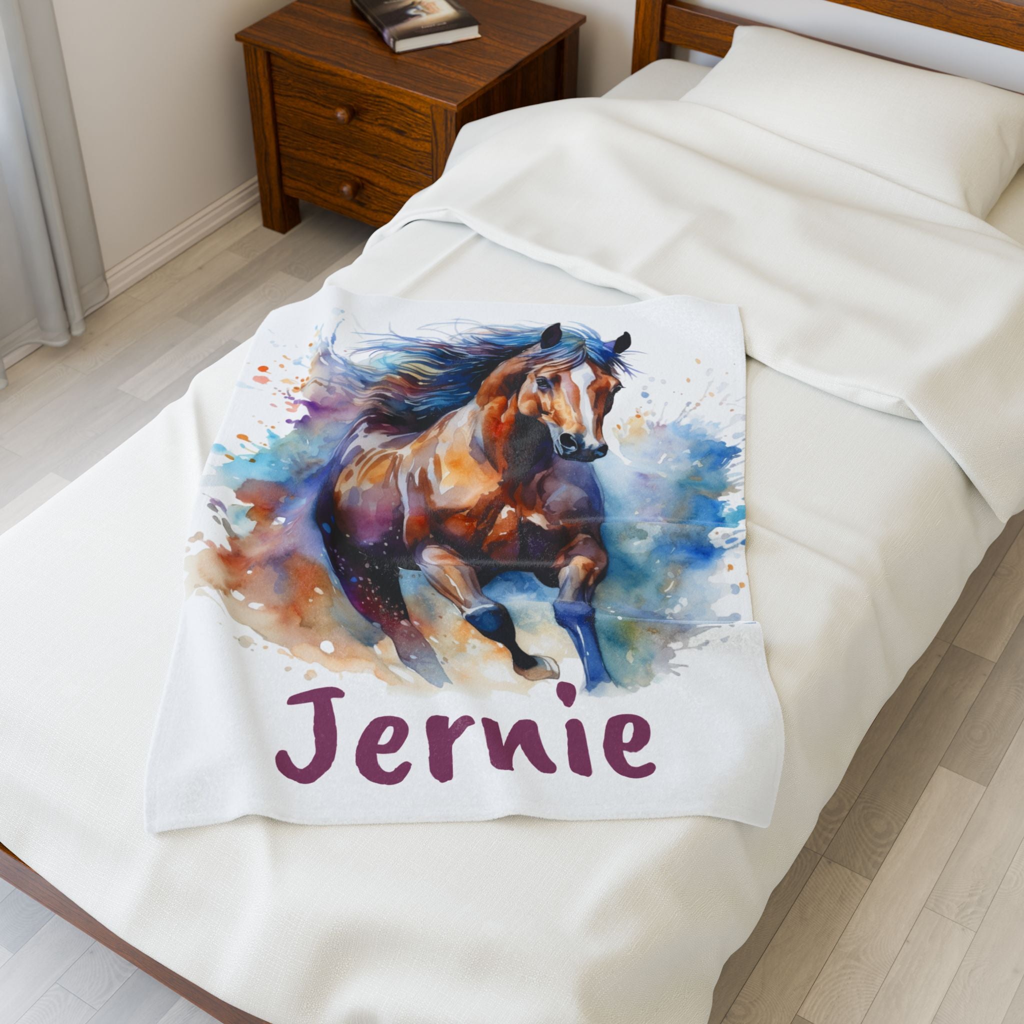 Personalized Horse Girl Blanket, Watercolor Horse Name Blanket | Personalized Plush Throw for Horse Girls, Cowgirl Bed Decor