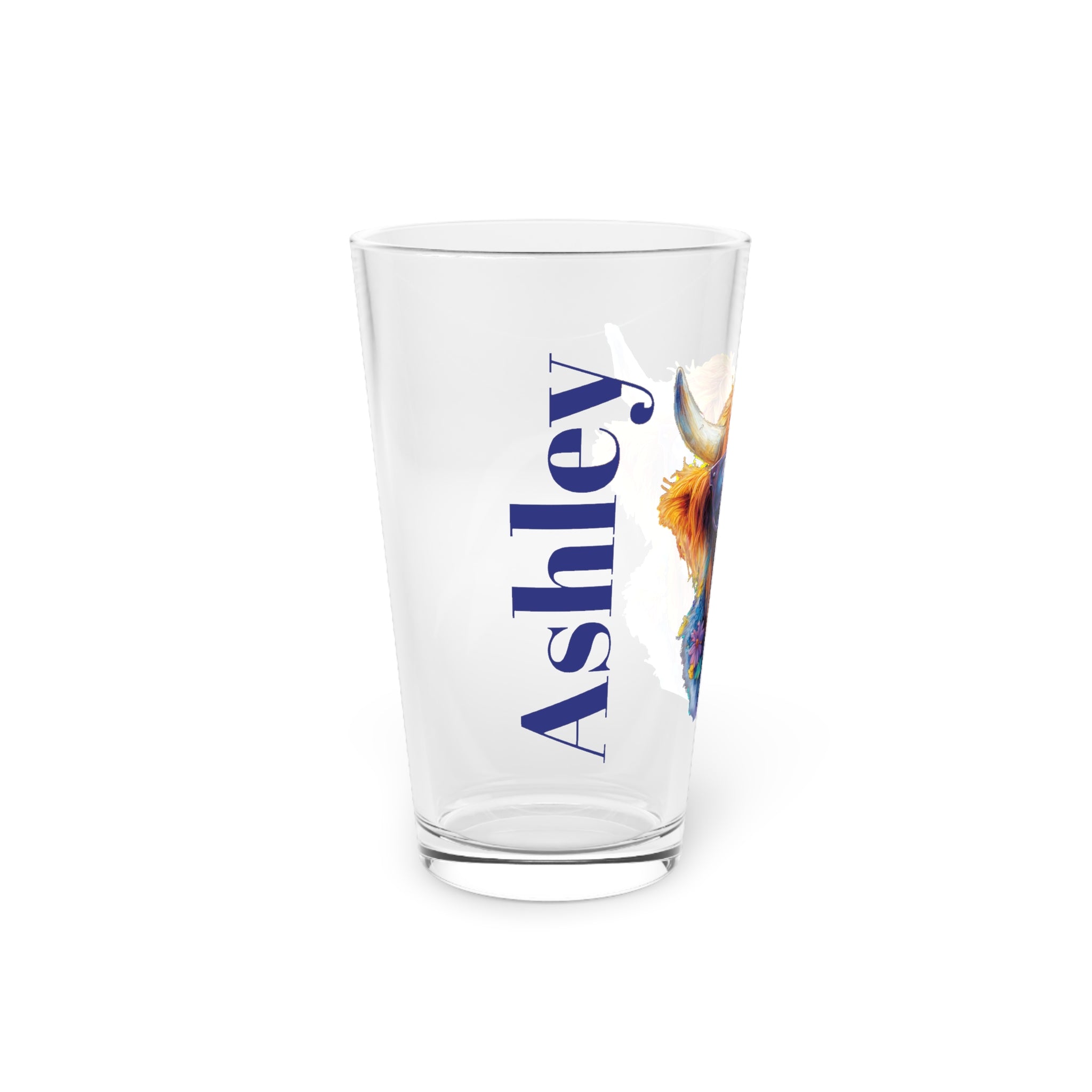 Personalized Highland Cow Pint Glass, Floral Cow with Sunglasses, Custom Name Glass, Cute Cowgirl Gift, Funny Beer Glass for Summer Parties
