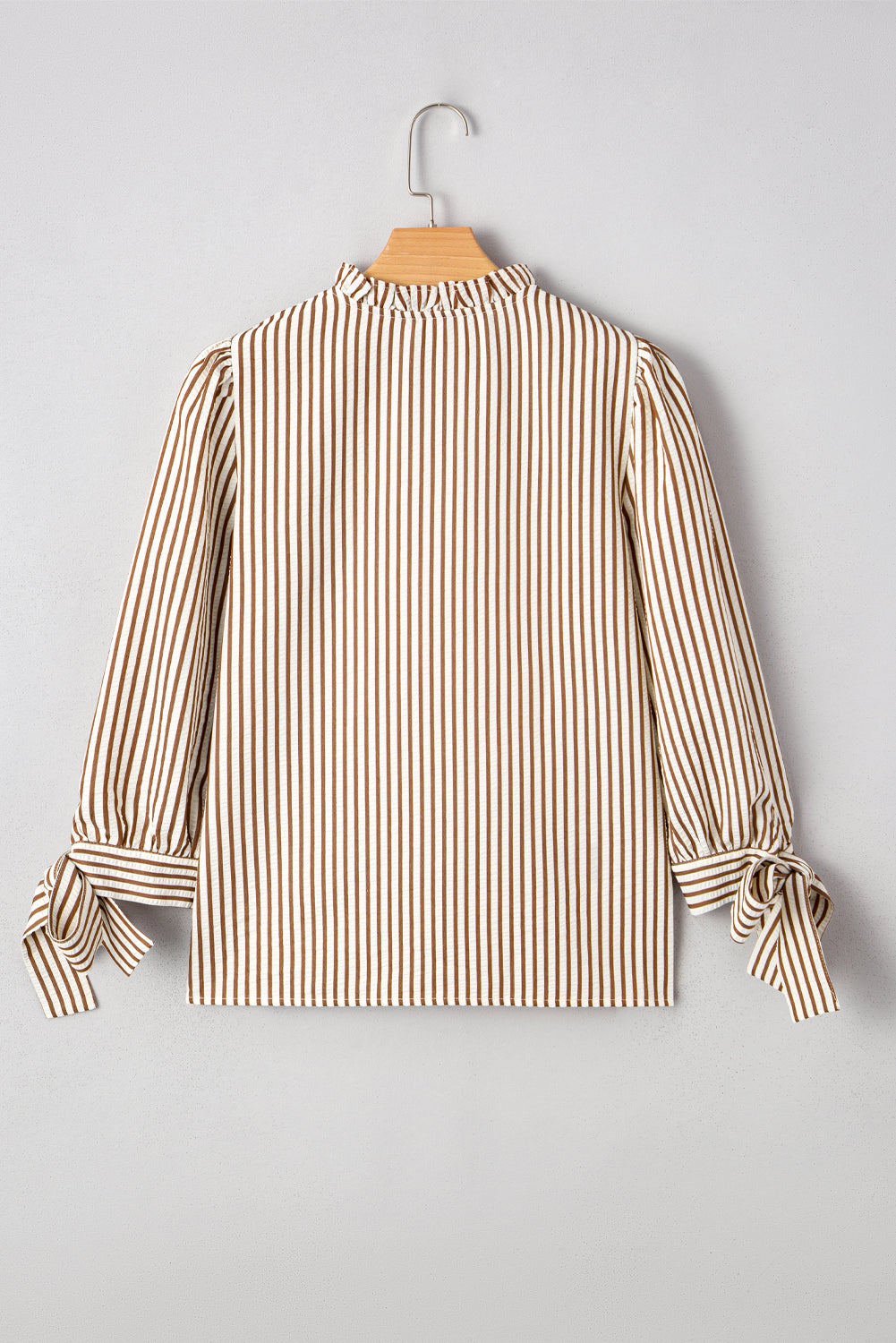 Fall Yellow Striped Blouse – Women’s Seersucker Split Neck Top with Tied Cuff Sleeves