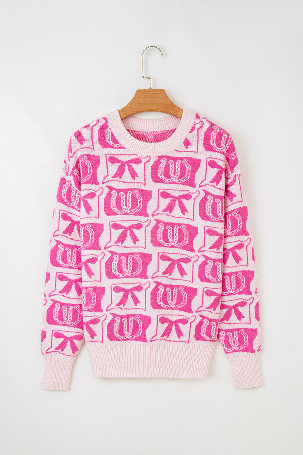 Pink Bows & Horseshoes Sweater, Western Pattern Knit Pullover, Cozy Womens Cowgirl Sweater FREE Shipping $35+, Cute Pink Western Style Top