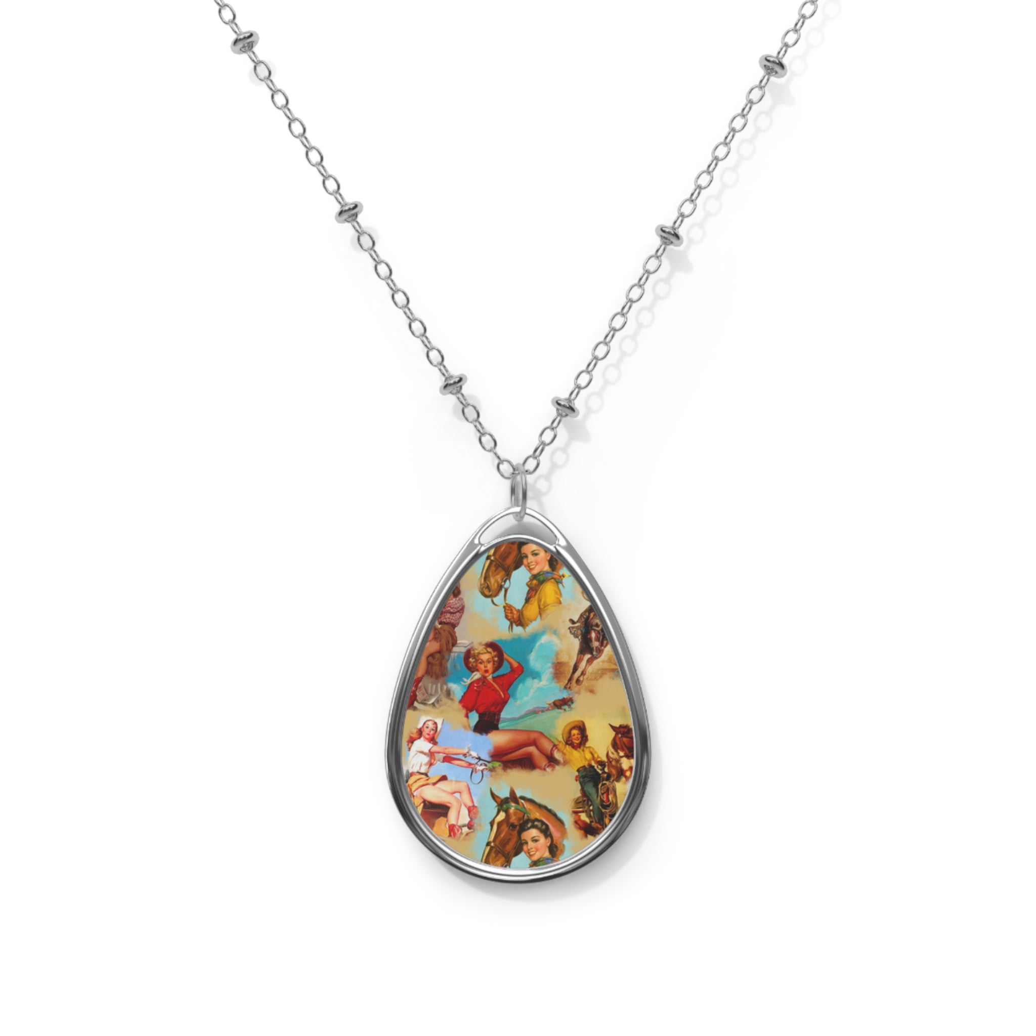 Vintage Cowgirl Oval Necklace, Retro Western Flair for Everyday Wear, Gift for Cowgirl Birthday