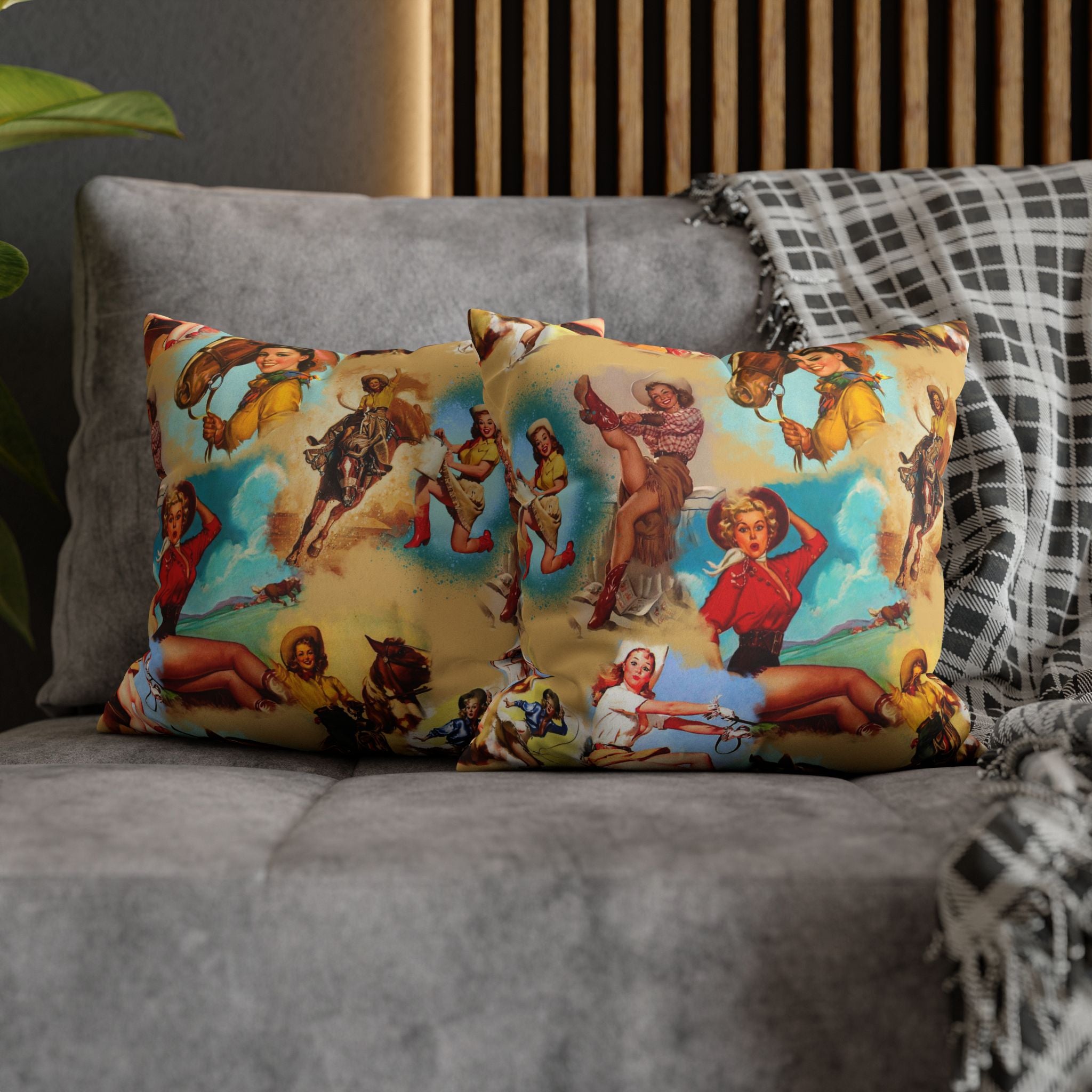 Western VINTAGE Cowgirl Throw Pillow Cover, Retro Western Decor Accent