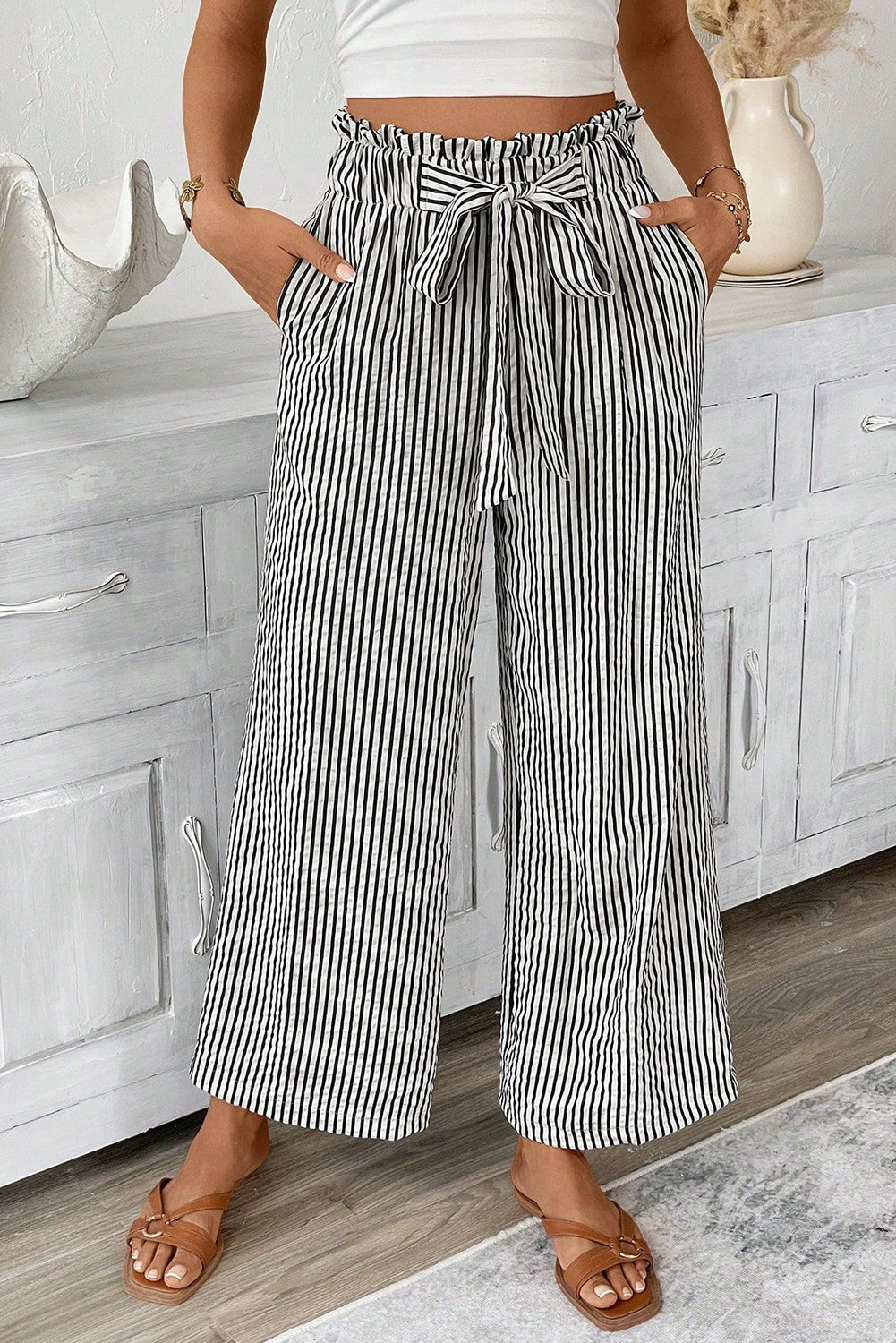 Black Striped Tie Waist Casual Pants – Loose Fit Lightweight Travel Trousers for Women