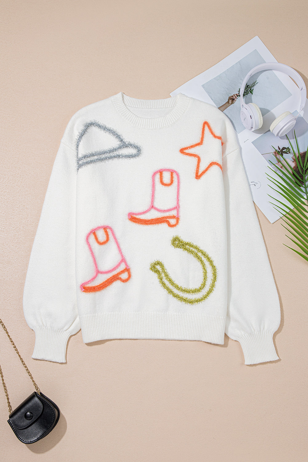 White Tinsel Western Boots & Horseshoe Star Knit Sweater | Cowgirl Graphic Crew Neck Pullover