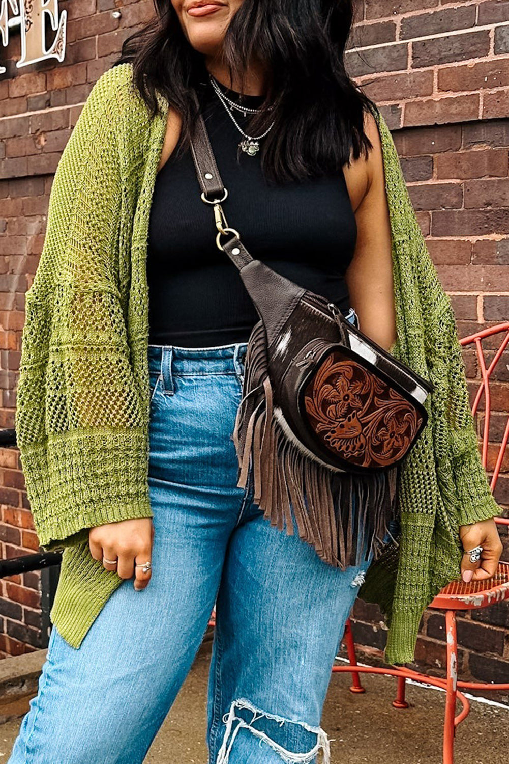 Women’s Fall Cardigan | Oversized Spinach Green Crochet Knit Open Front Sweater
