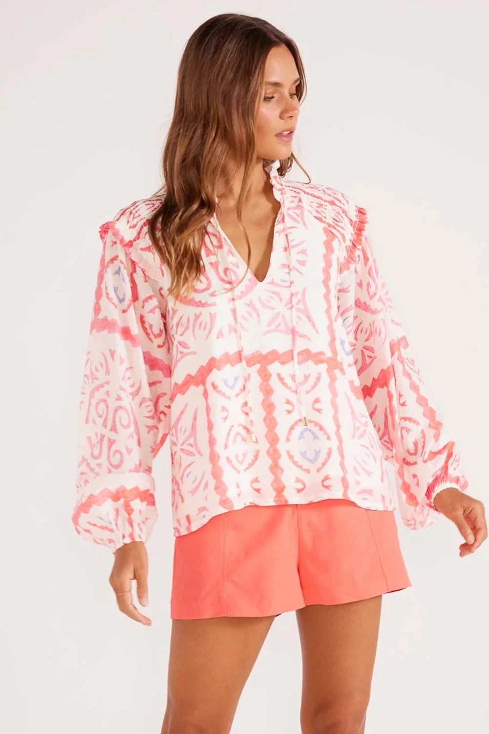 Desert Flower Vintage Print Vintage Western Blouse with Poet Collar & Blouson Sleeves | Loose Fit Printed Top