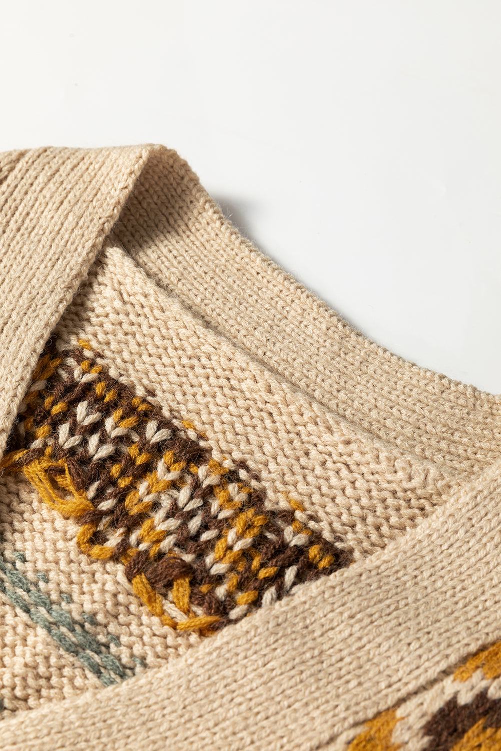 Women’s Western Cardigan Sweater – Khaki Aztec Knit V-Neck Button-Up