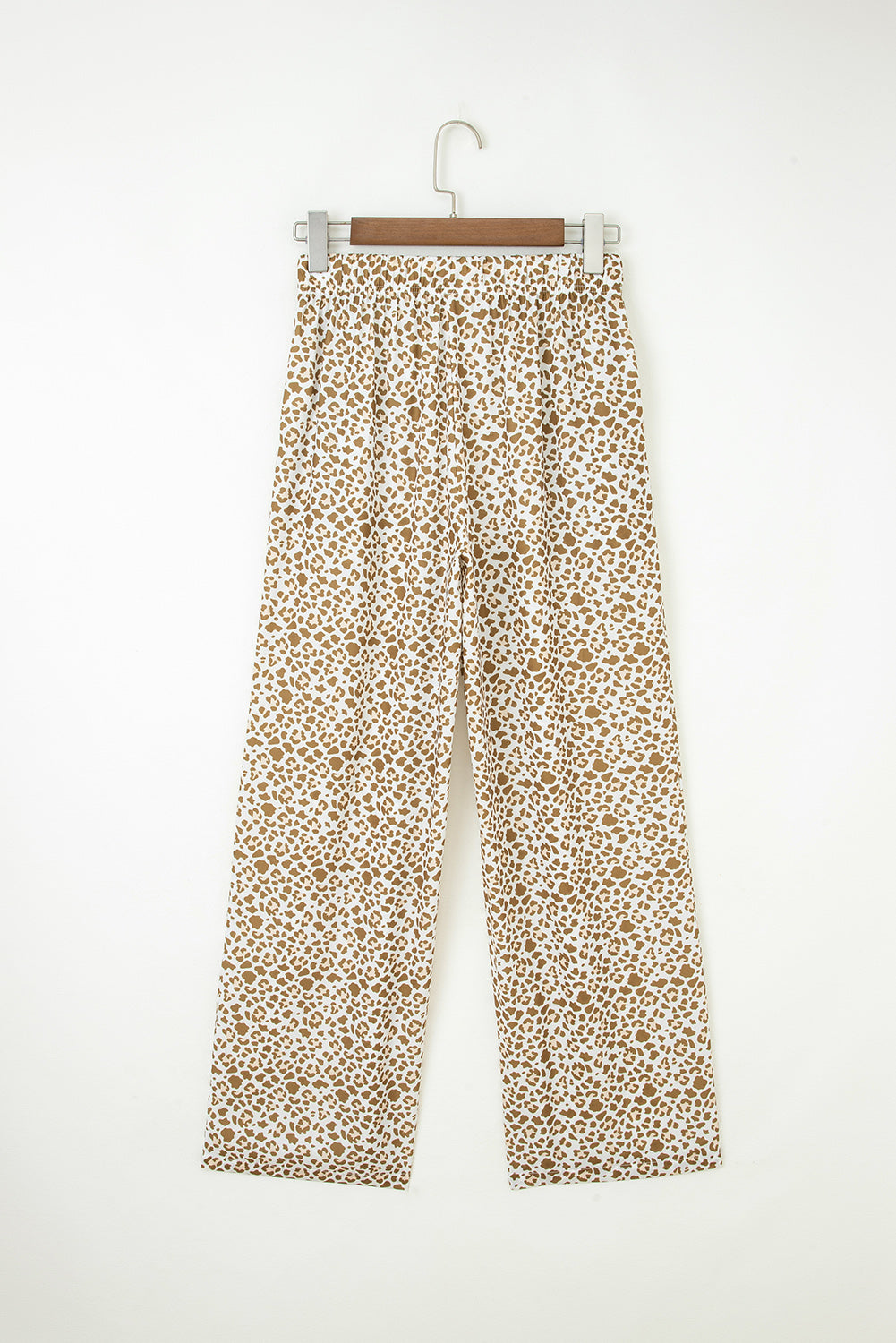 Khaki Leopard Print Pants, Womens Drawstring Loose Fit Pants, Elastic Waist Straight Leg Leopard Pants,