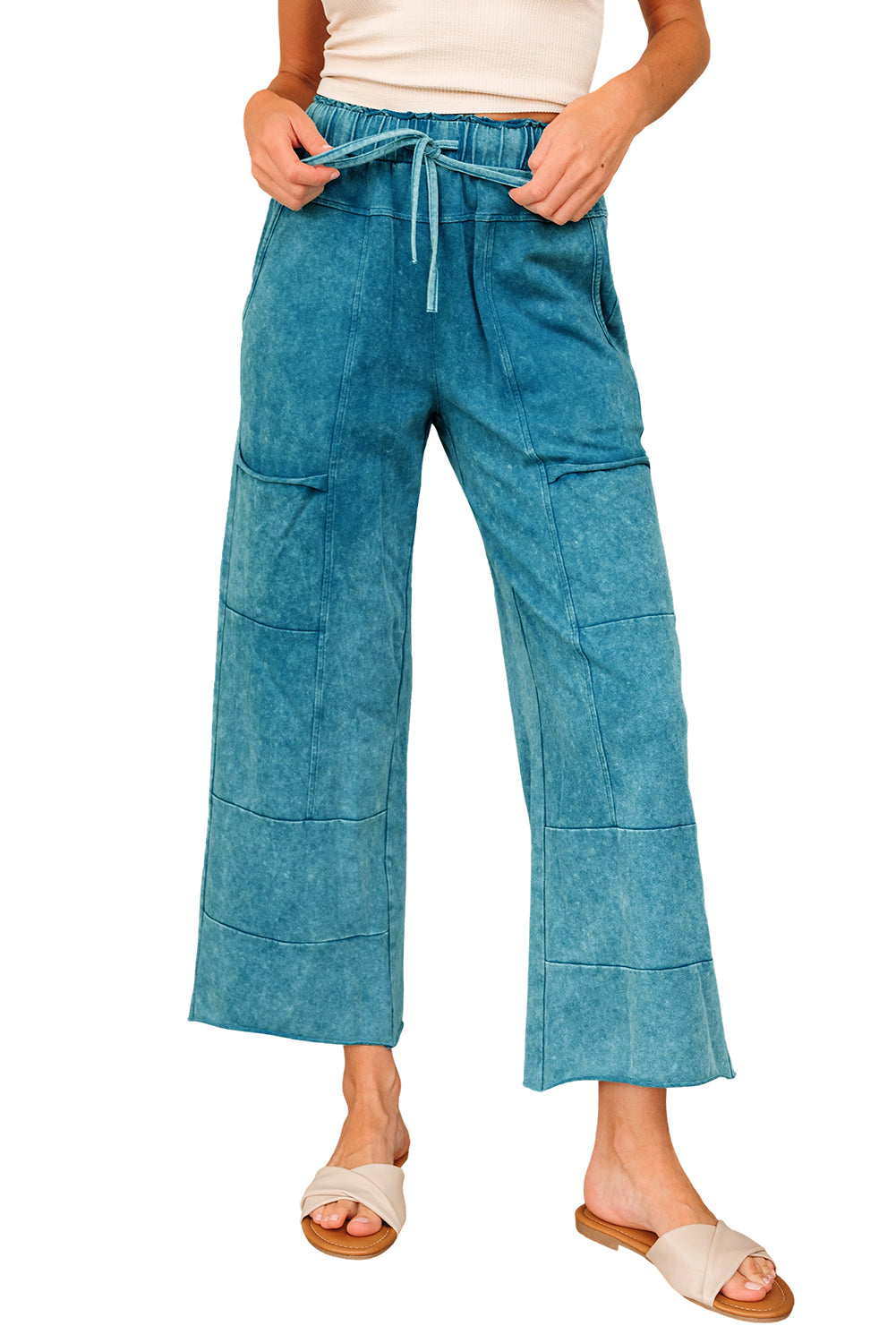 Women’s Mineral Wash Pants | Lace-Up High Waist Raw Hem Patch Pocket Lounge Pants