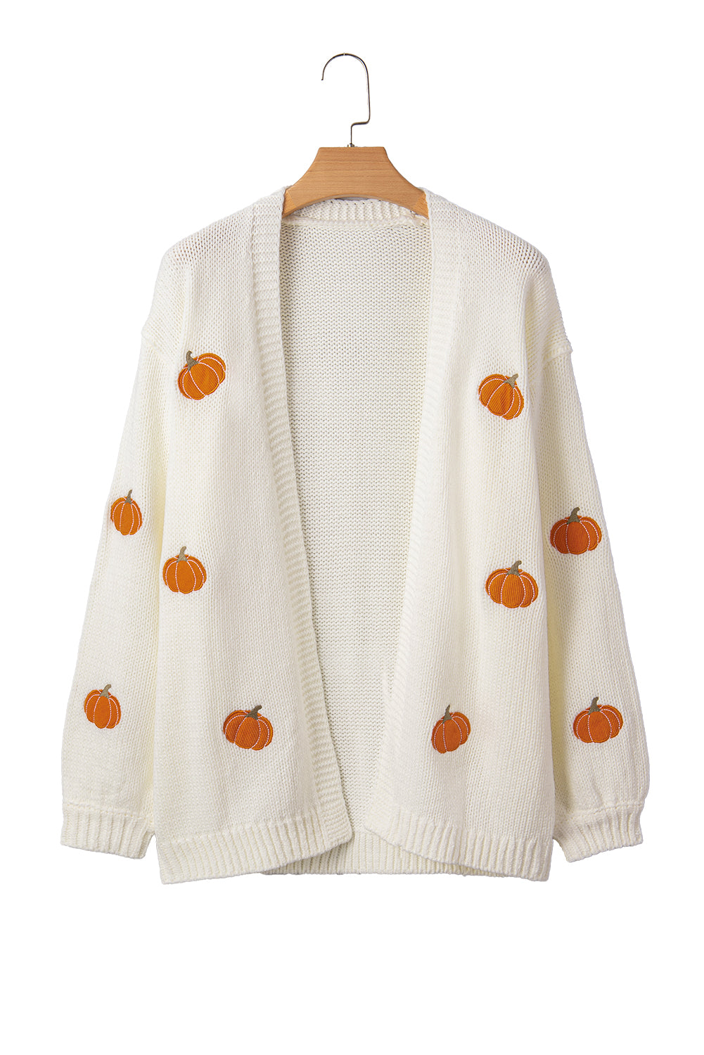 White Pumpkin Print Cardigan – Women’s Open Front Midi Sweater, Drop Shoulder Knit Fall Outfit Layering Piece
