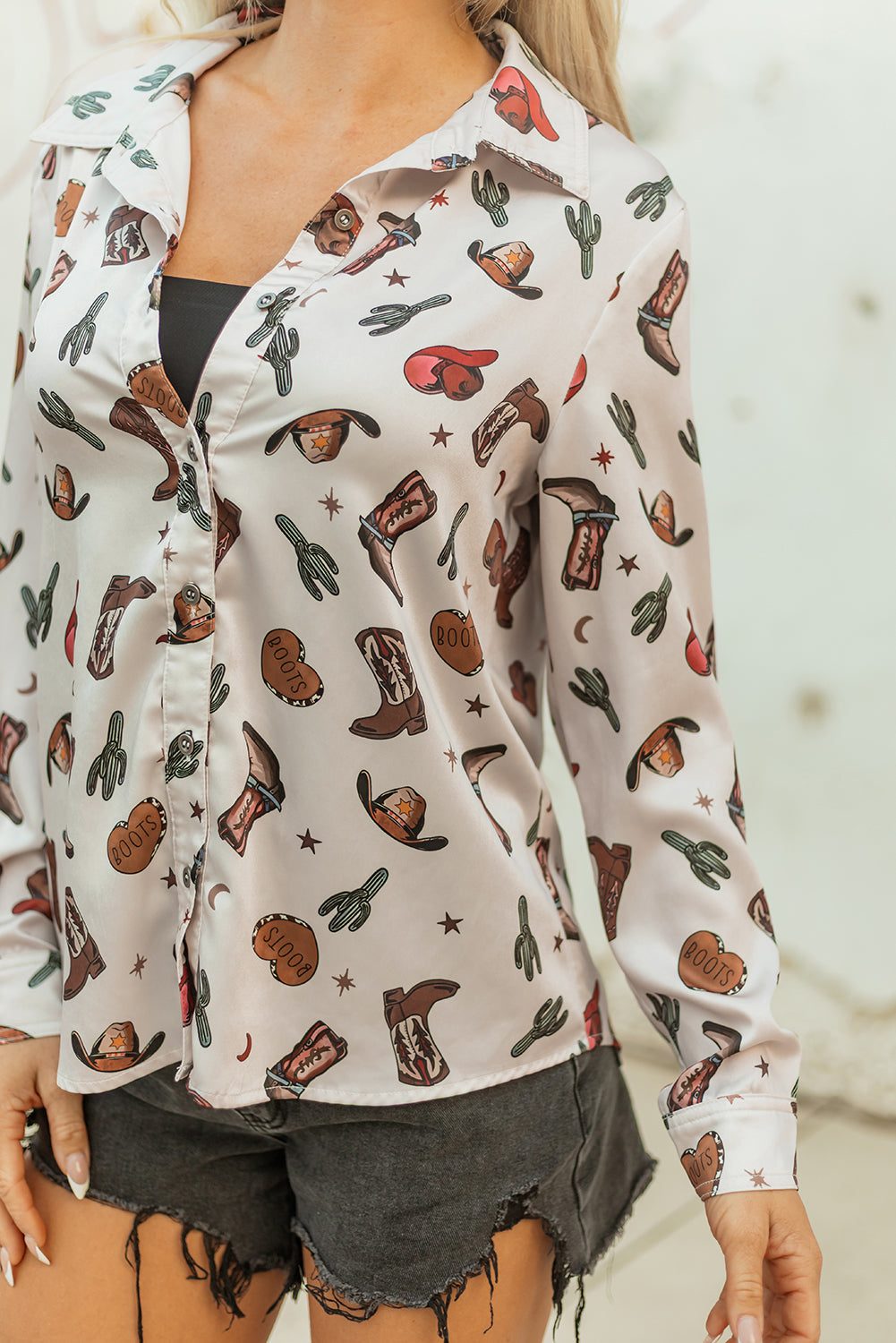 Women’s White Western Print Button Up Shirt – Cowgirl Boots Blouse, Casual Rodeo Top