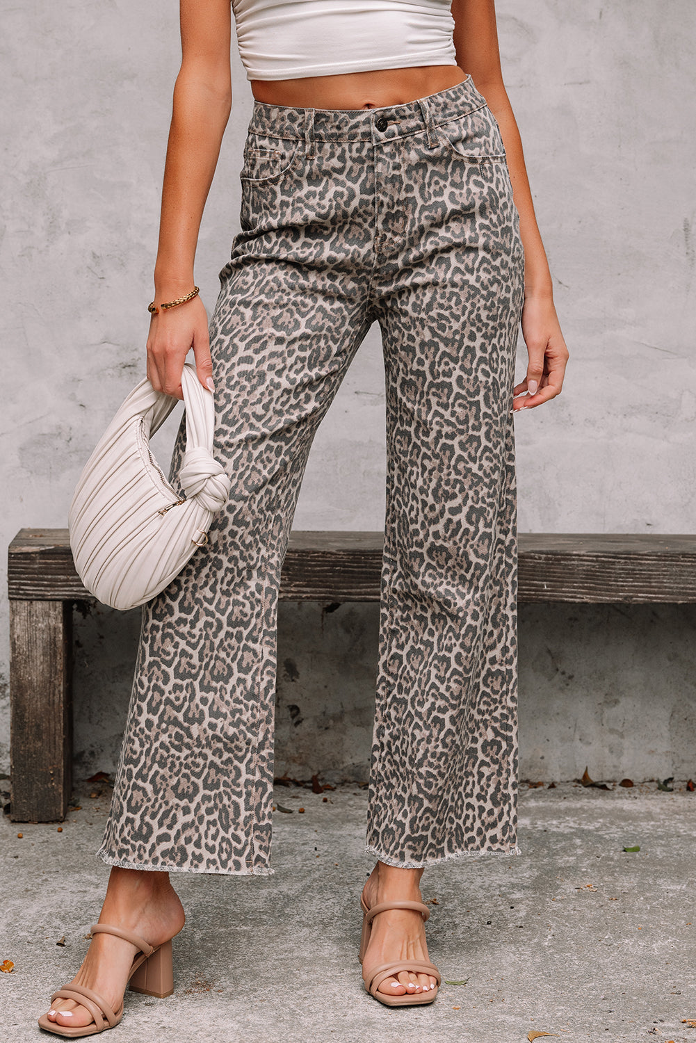 Womens Leopard Cheetah Print Jeans, Wide Leg Cropped Jeans, Brown Leopard Frayed Edge Wide Leg High Waist Jeans