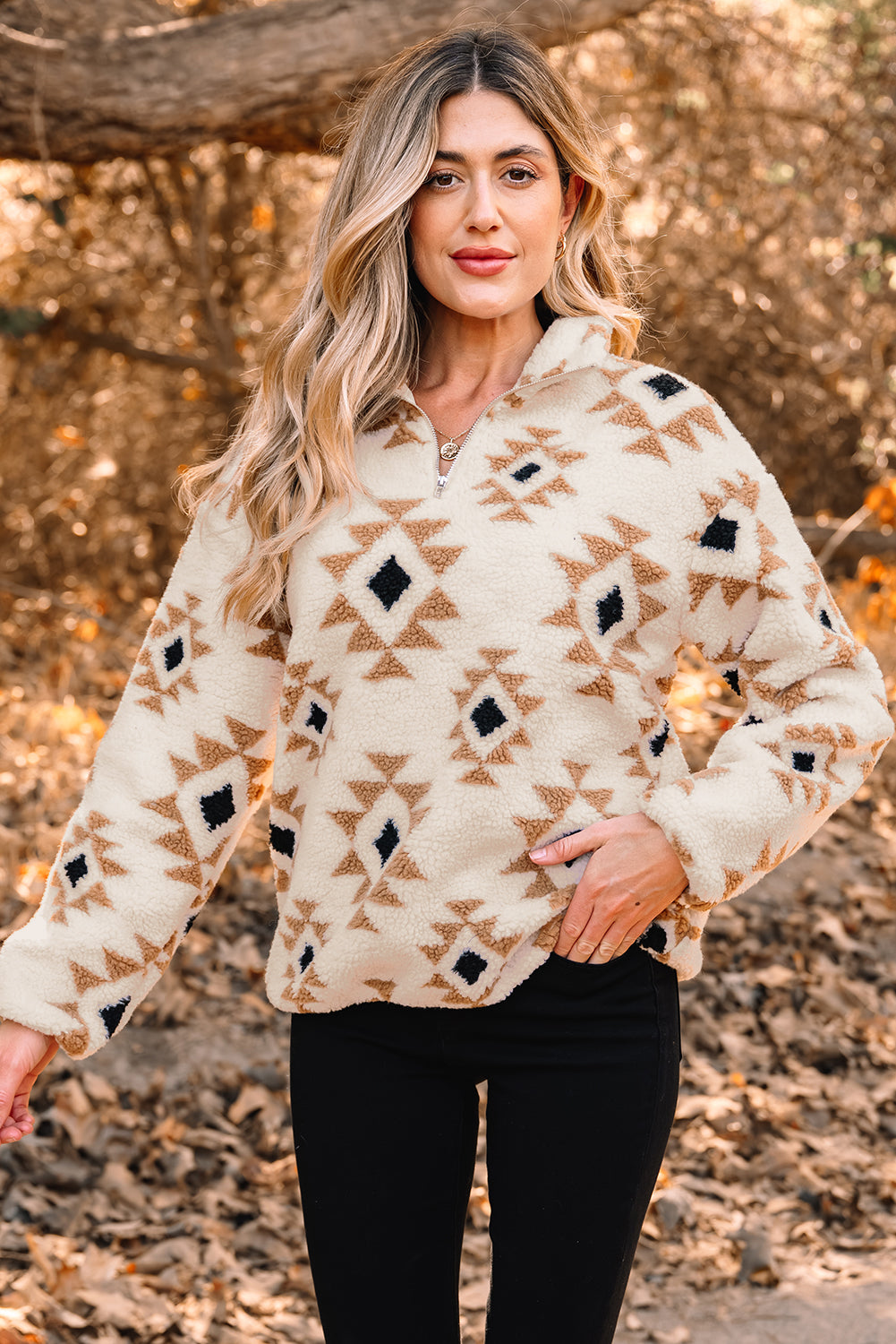 Khaki Aztec Sherpa Quarter Zip Sweatshirt – Cozy Western Print Pullover, Warm Fleece Half Zip Women’s Fall & Winter Casual Top