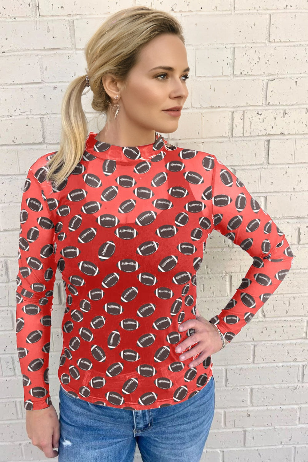 Red Football Mesh Top, Womens Game Day Sheer Long Sleeve Shirt, Sexy Mock Neck Football Print Top, Sporty Tailgate Outfit