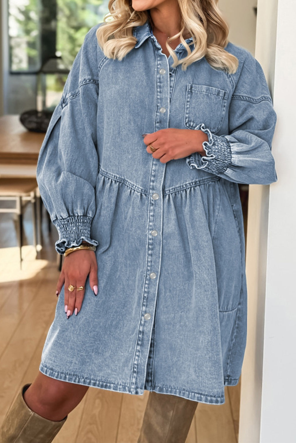 Blue Ruffle Denim Mini Dress – Smocked Cuffs, Flared Skirt & Heart Buttons, Western Denim dress