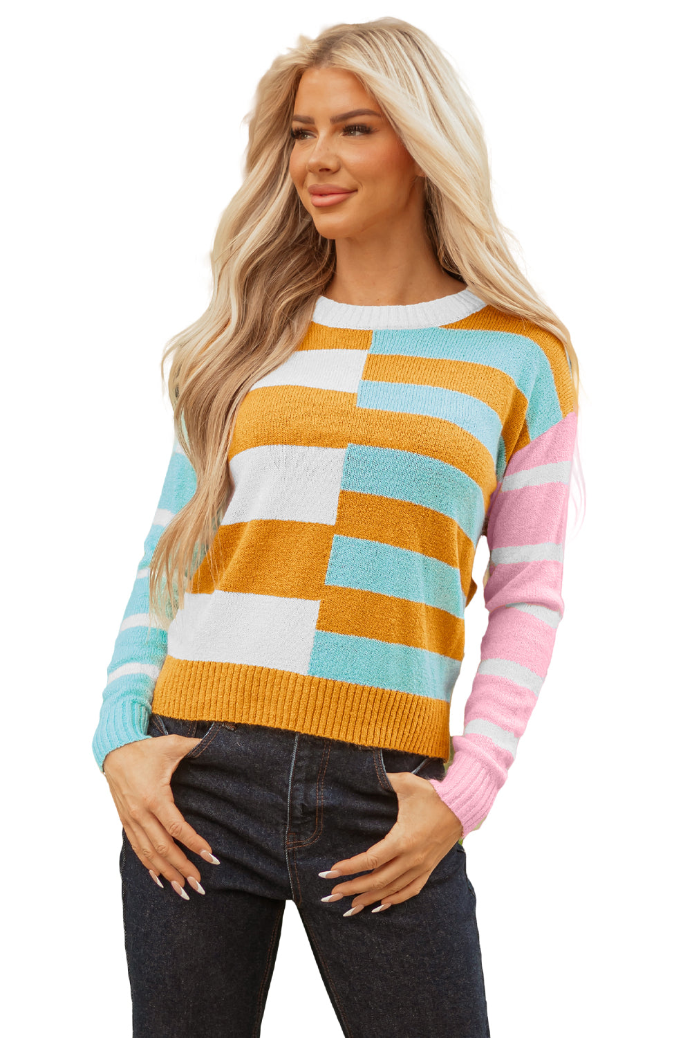 Gold Color Block Striped Sweater – Women’s Knit Crew Neck Pullover, Trendy Fall Oversized Stripe Boutique Sweater Top