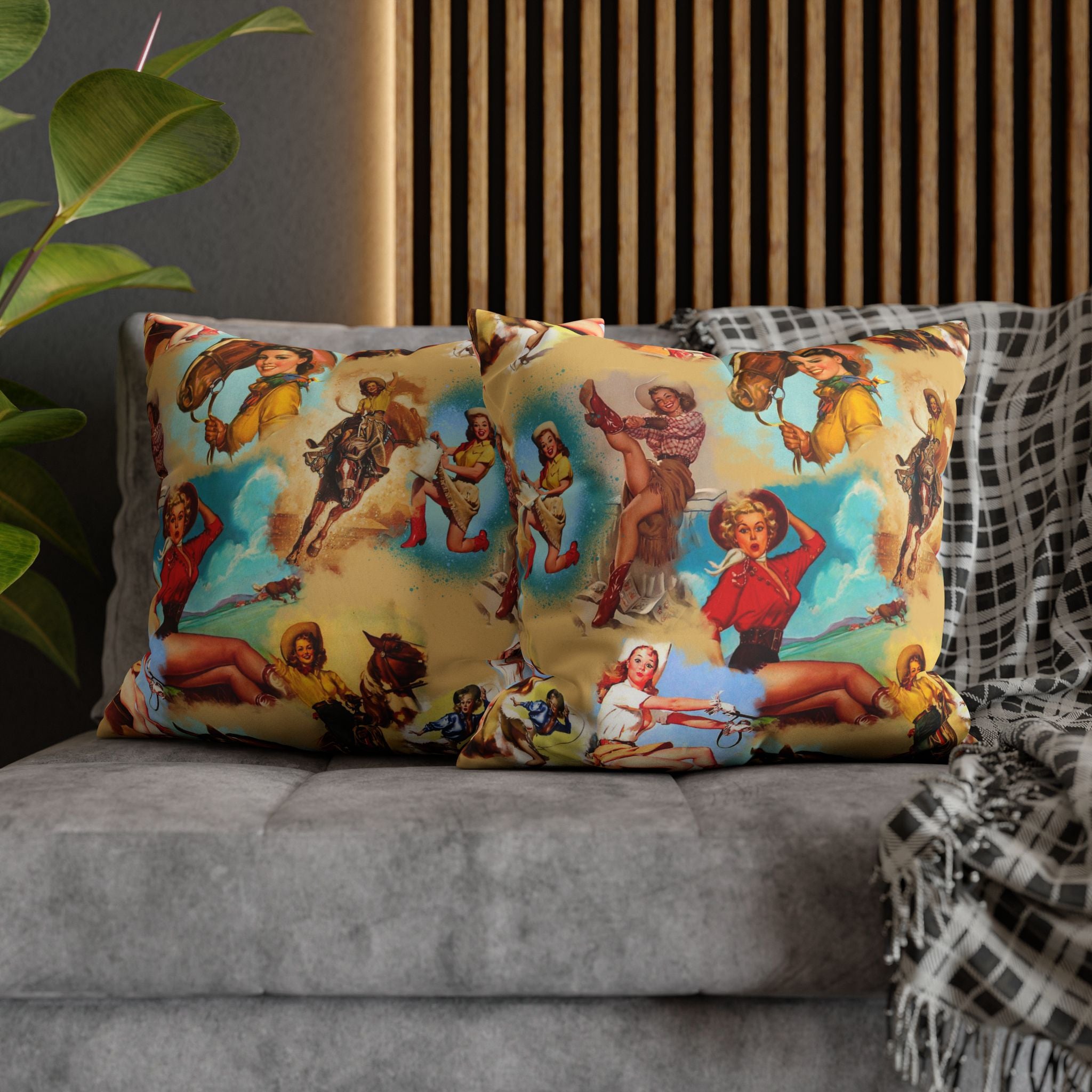 Western VINTAGE Cowgirl Throw Pillow Cover, Retro Western Decor Accent