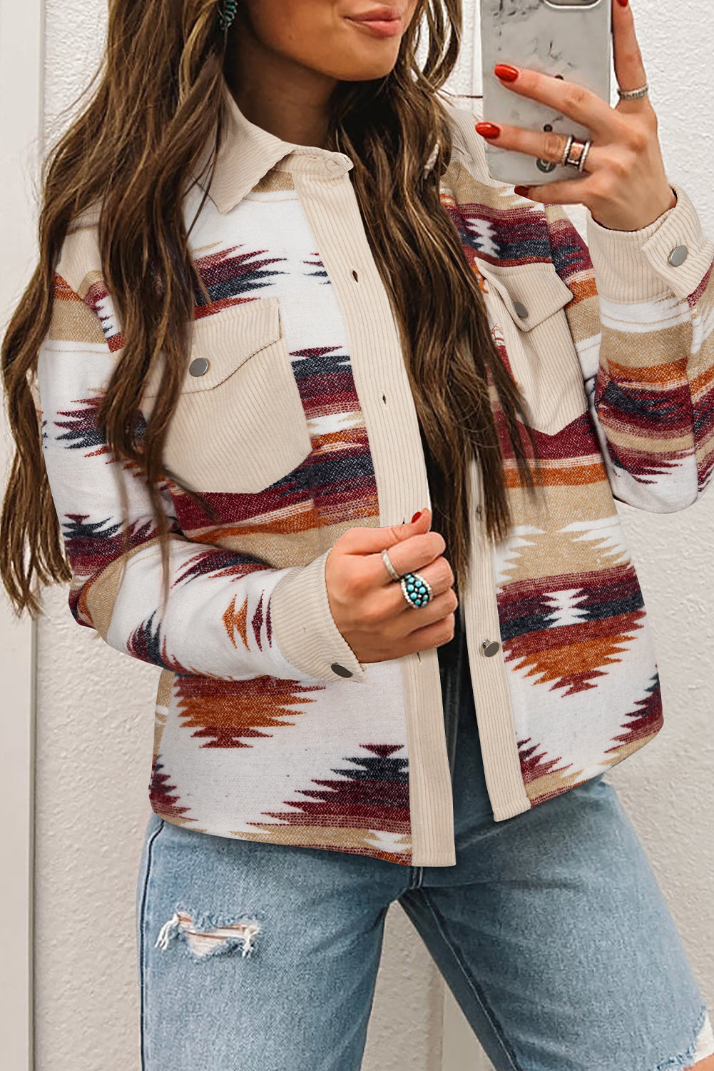 Western Aztec Patchwork Shacket | Multicolor Striped Corduroy Jacket with Raw Hem & Double Pockets