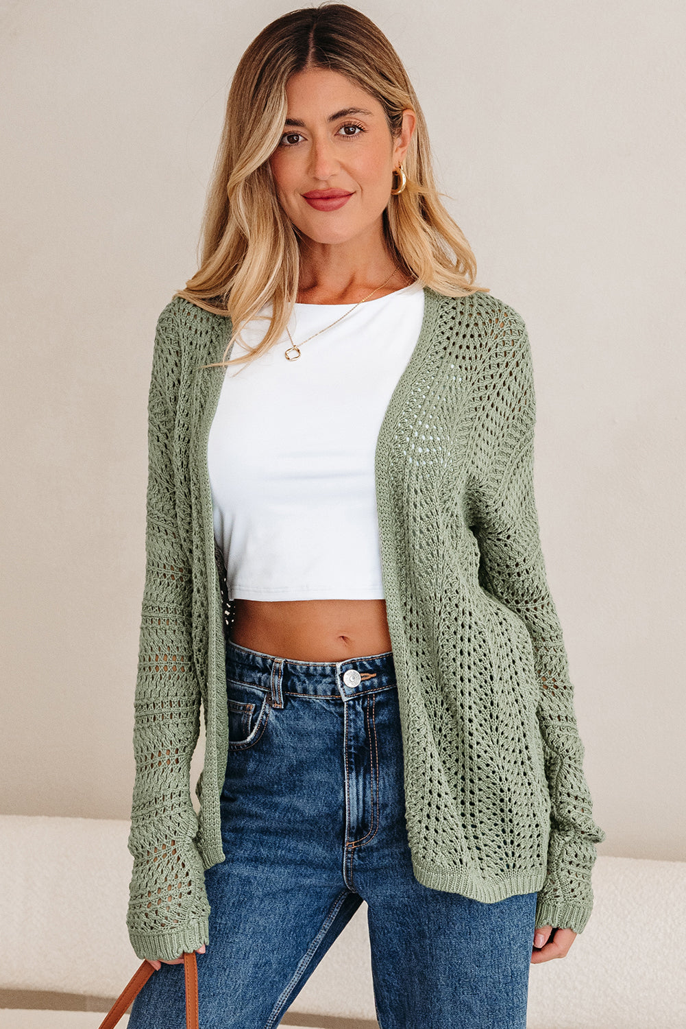 Green Batwing Sleeve Cardigan – Scalloped Edge Eyelet Knit Sweater, Lightweight Spring & Fall Layering Top