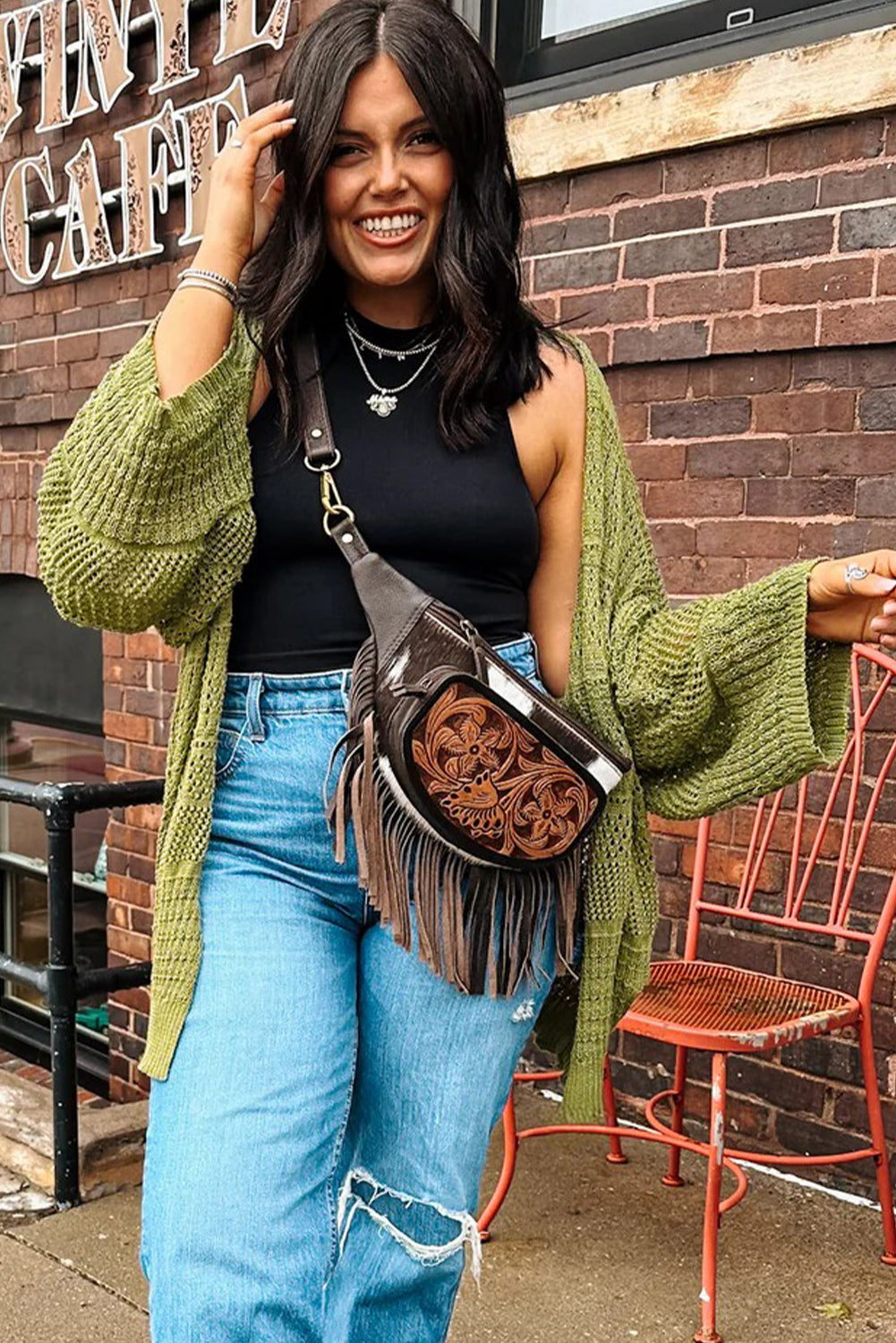 Women’s Fall Cardigan | Oversized Spinach Green Crochet Knit Open Front Sweater