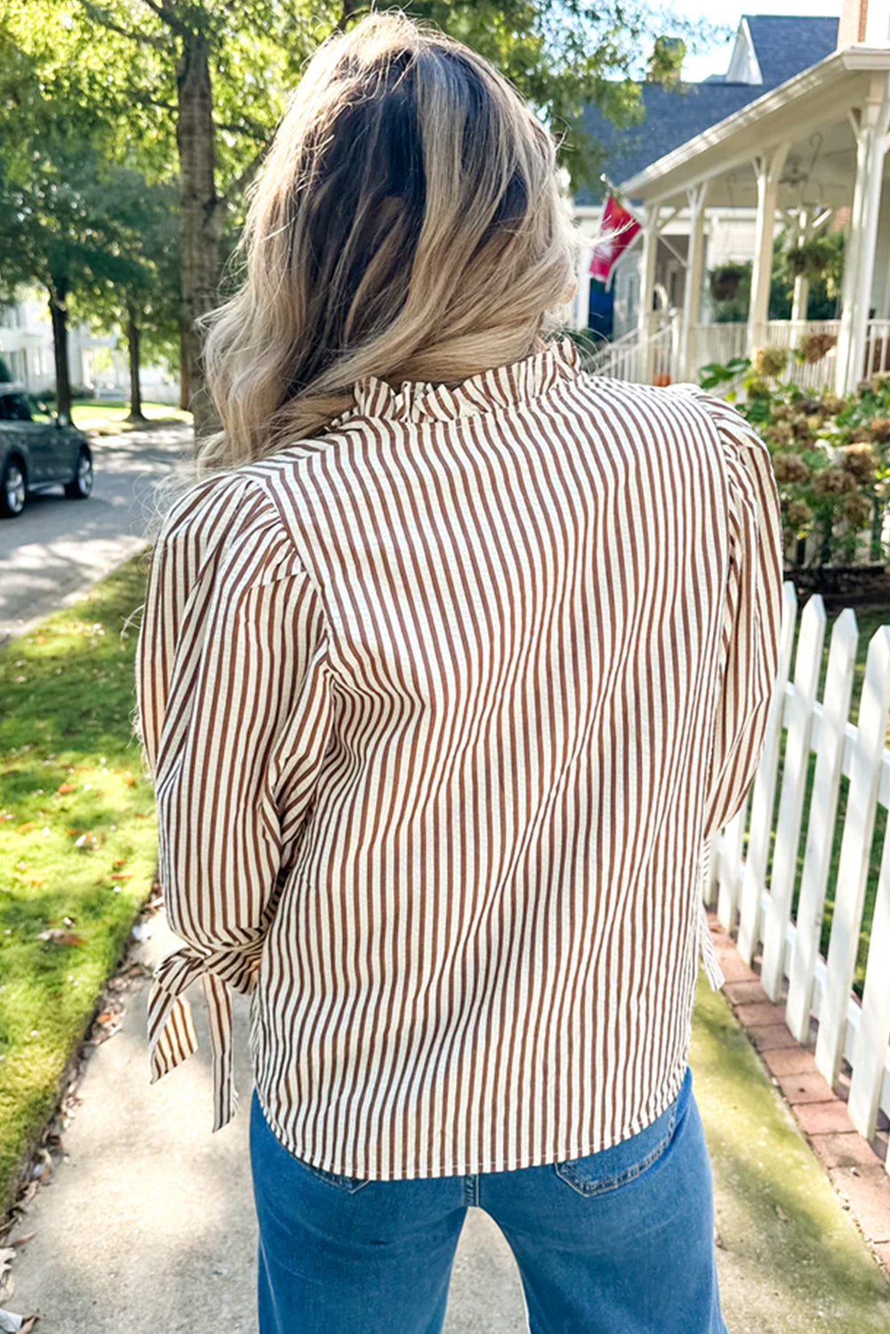 Fall Yellow Striped Blouse – Women’s Seersucker Split Neck Top with Tied Cuff Sleeves