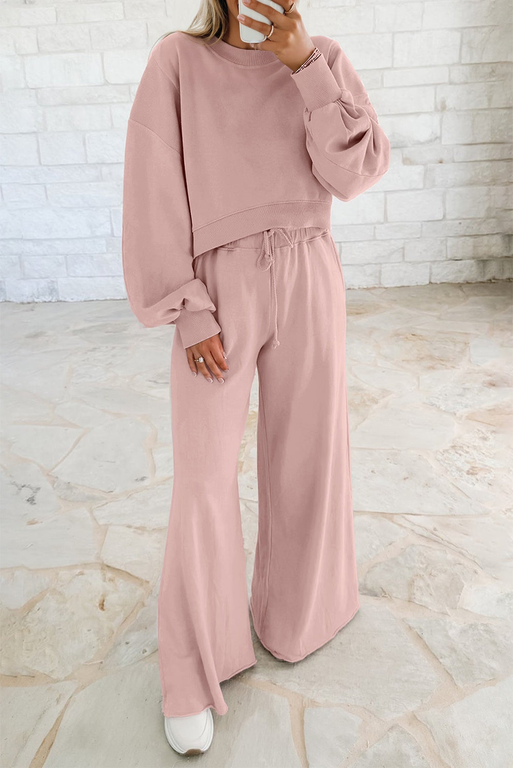 Light Pink Puff Sleeve Crop Top & Pants Set – 2 Piece Women’s Outfit, Drop Shoulder Pullover with Wide Leg Drawstring Pants
