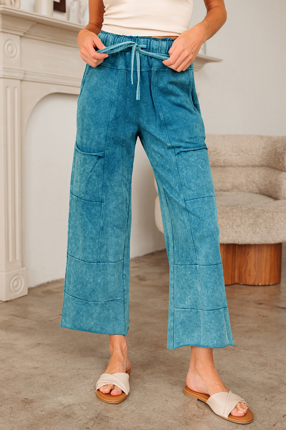 Women’s Mineral Wash Pants | Lace-Up High Waist Raw Hem Patch Pocket Lounge Pants