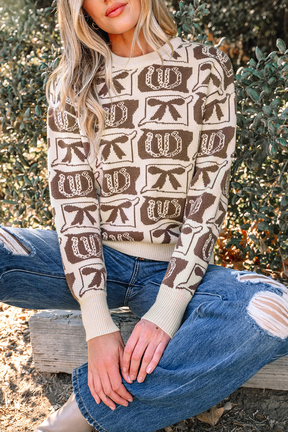 Brown Bows & Horseshoes Western Print Sweater | Cozy Cowgirl Knit Pullover