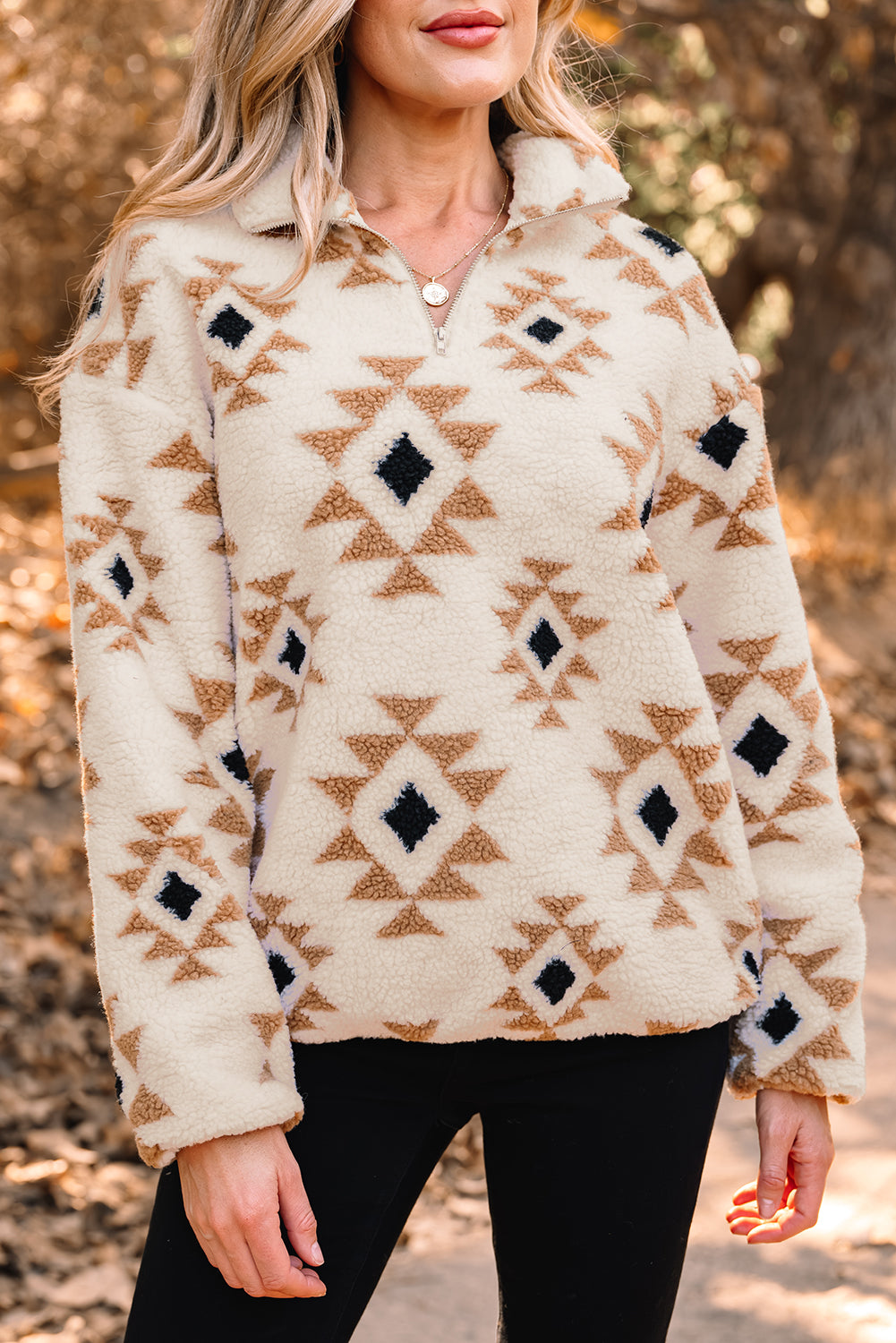 Khaki Aztec Sherpa Quarter Zip Sweatshirt – Cozy Western Print Pullover, Warm Fleece Half Zip Women’s Fall & Winter Casual Top