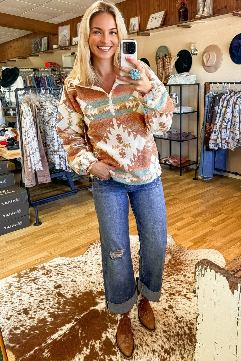Fall Aztec Quarter Zip Pullover – Women’s Khaki Southwestern Western Sweatshirt