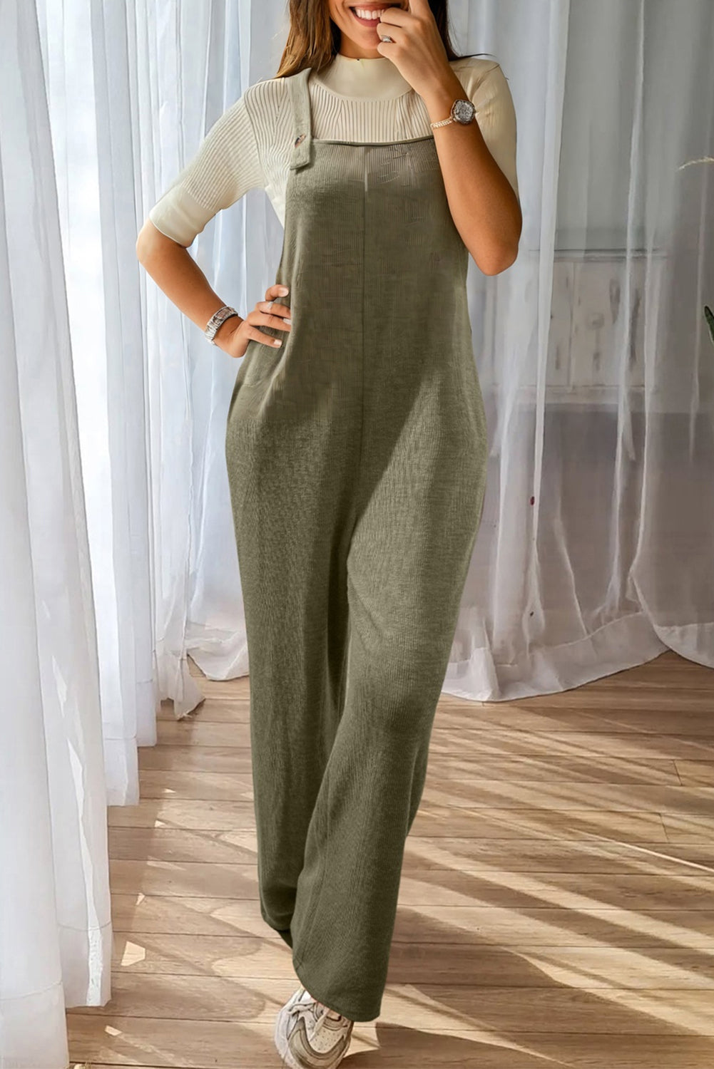 Green Knit Jumpsuit – Solid Color Casual Overall with Straight Leg & Pockets, Women’s Loose Fit One Piece Outfit